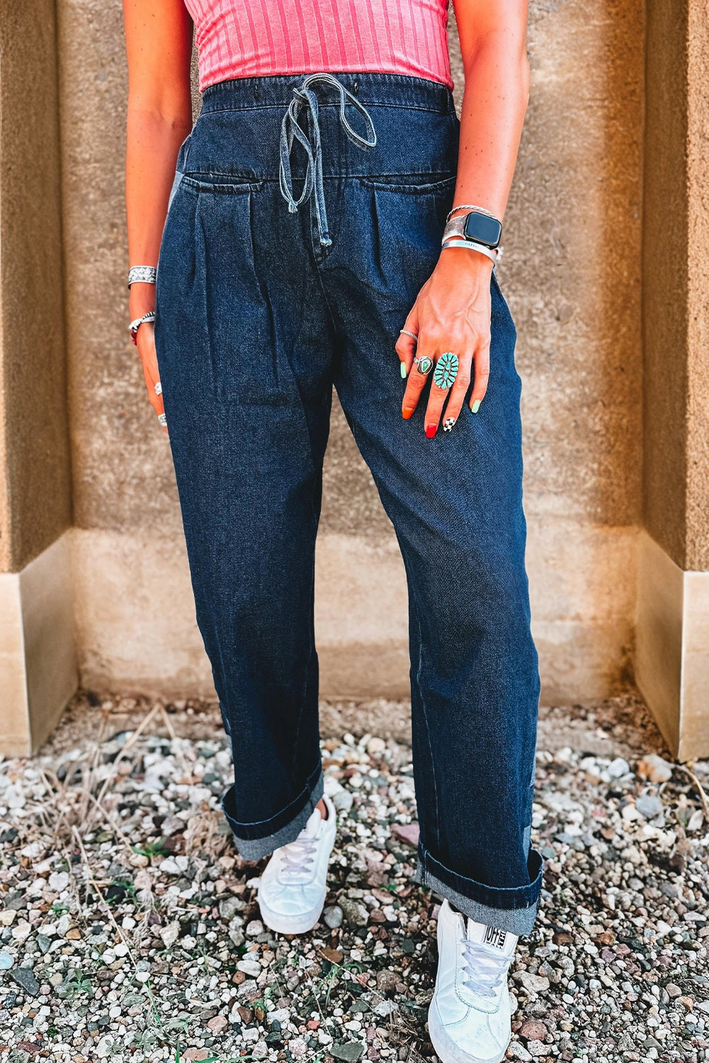 Sail Blue Checkered Side Panel Patchwork Drawstring Loose Denim Pants-Bottoms/Jeans-[Adult]-[Female]-2022 Online Blue Zone Planet