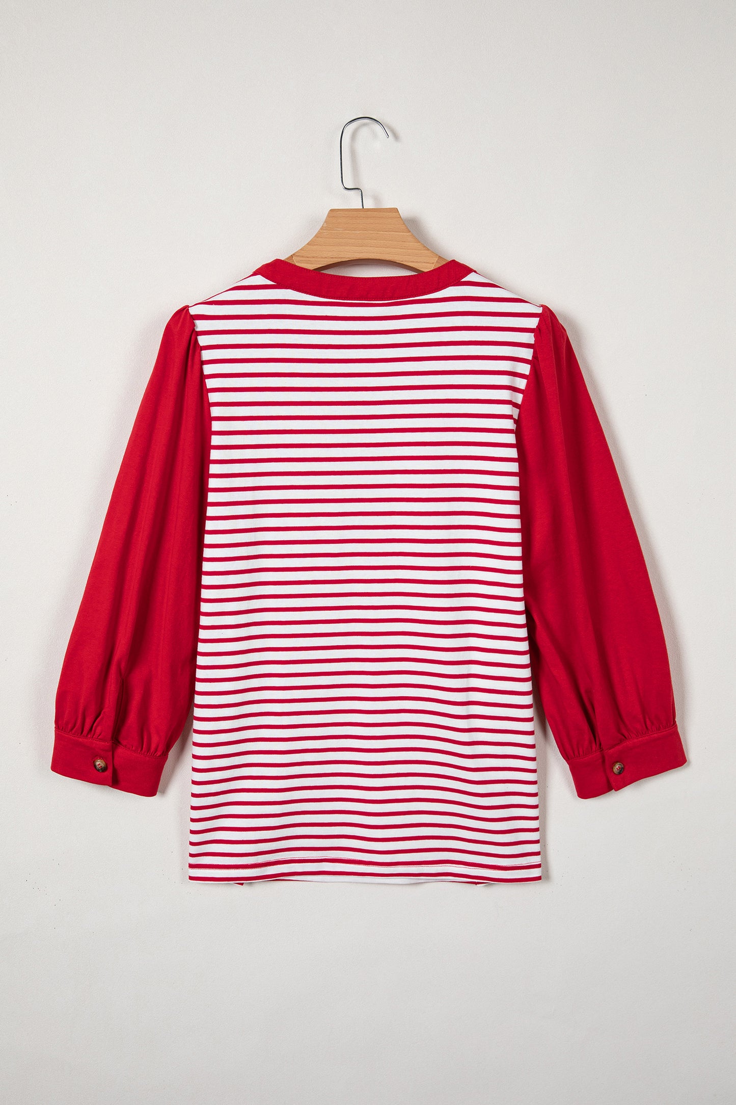 Red Stripe Half Placket V Neck Contrast 3/4 Sleeve Patchwork Top-Tops/Long Sleeve Tops-[Adult]-[Female]-2022 Online Blue Zone Planet