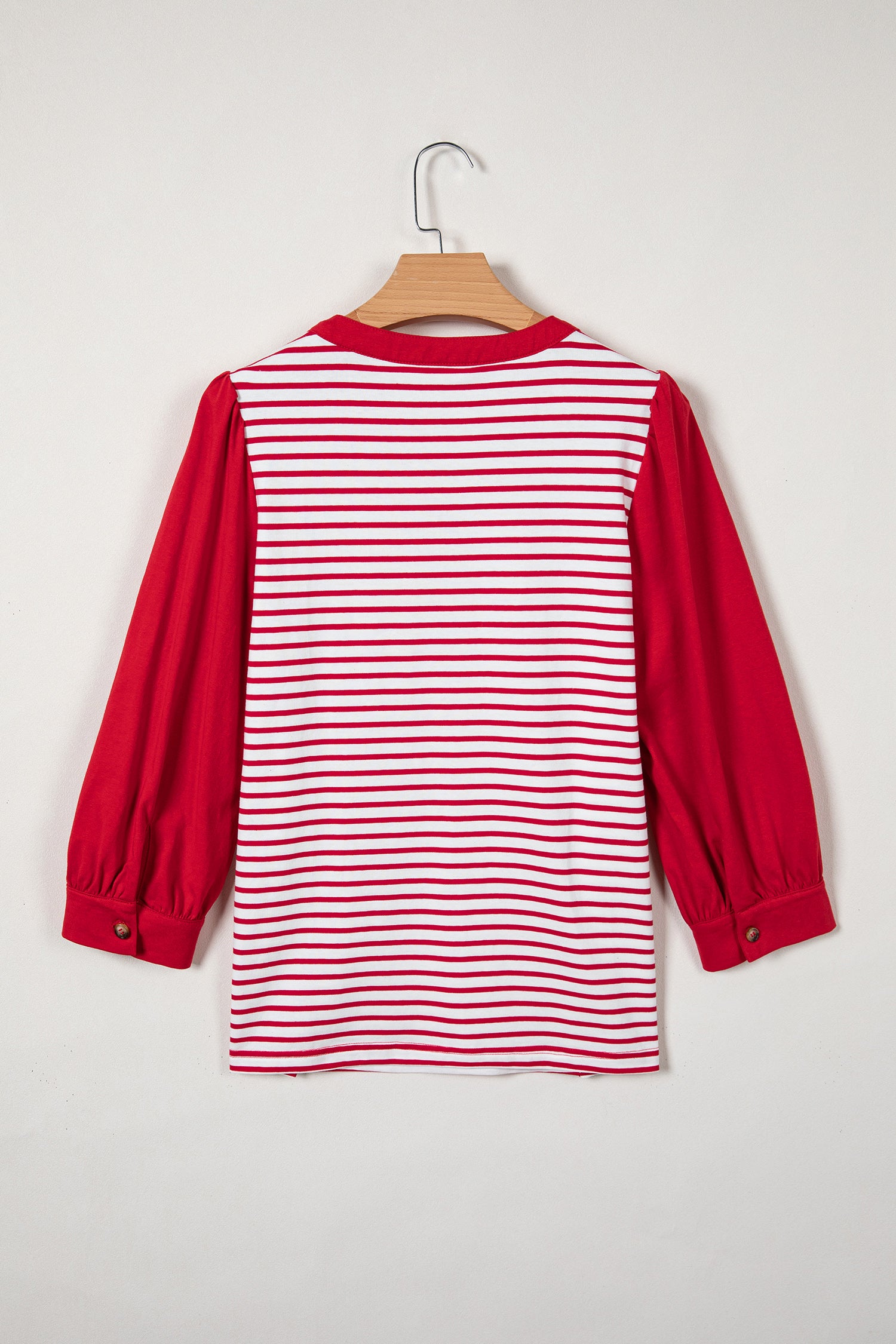 Red Stripe Half Placket V Neck Contrast 3/4 Sleeve Patchwork Top-Tops/Long Sleeve Tops-[Adult]-[Female]-2022 Online Blue Zone Planet
