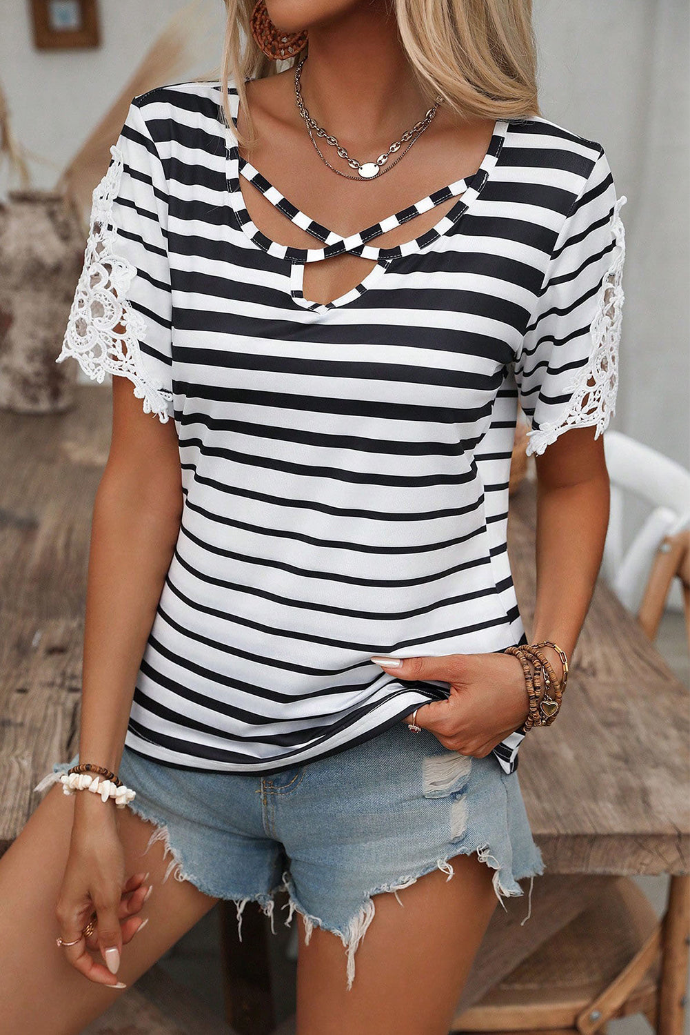 Black Stripe Cross Straps Hollowed Neck Lace Splicing Short Sleeve Blouse-Tops/Blouses & Shirts-[Adult]-[Female]-2022 Online Blue Zone Planet