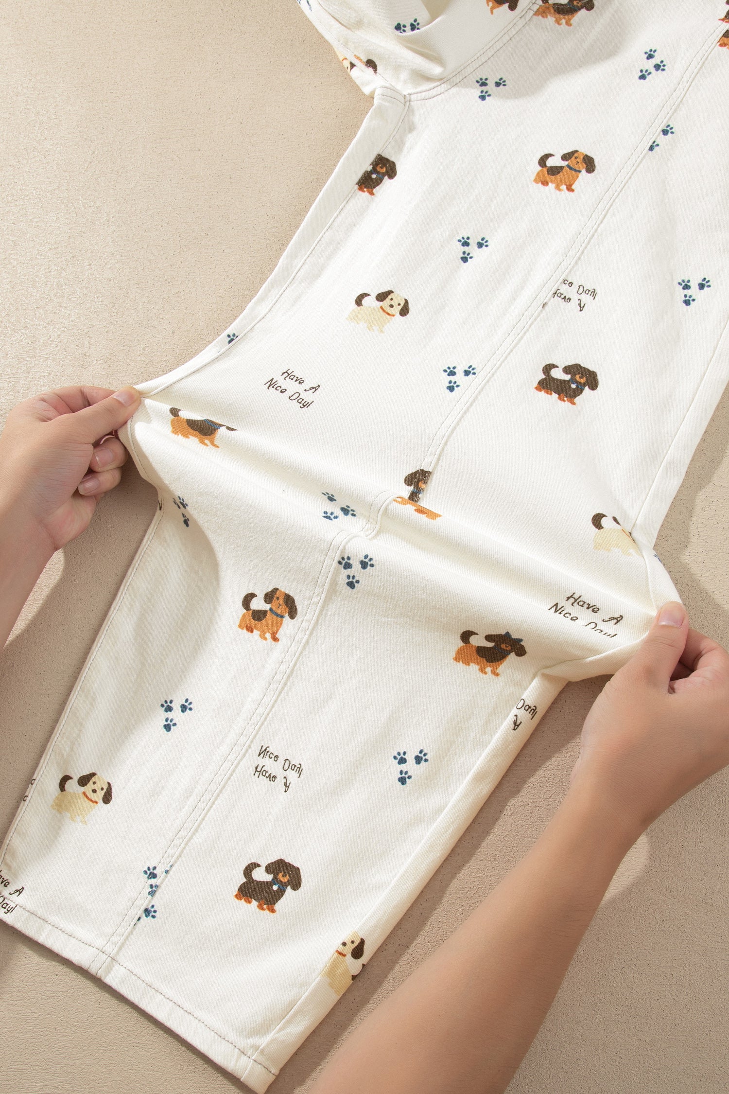 White Abstract Dog Print Wide Leg Full-Length Jeans-Bottoms/Jeans-[Adult]-[Female]-2022 Online Blue Zone Planet