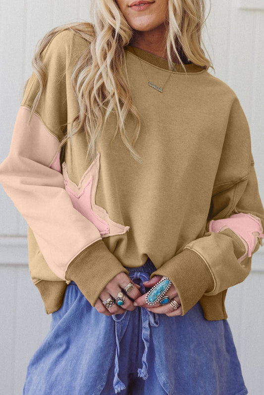 Sage Green Contrast Star Patchwork Exposed Seam Uneven Hem Drop Shoulder Sweatshirt-Tops/Sweatshirts & Hoodies-[Adult]-[Female]-Sage Green-S-2022 Online Blue Zone Planet