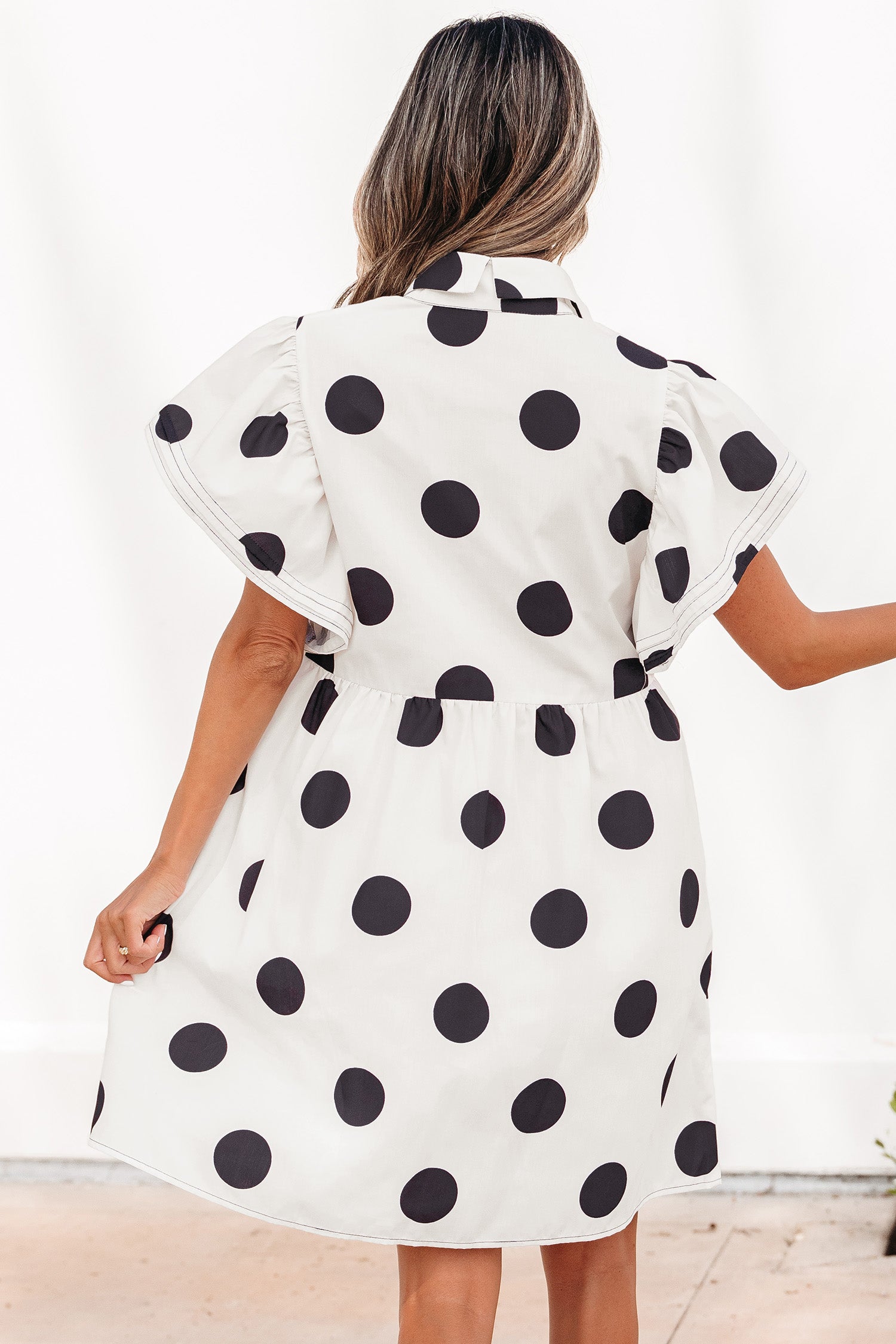 White Polka Dot Print Half Button Ruffled Short Sleeve Loose Mini Dress-Dresses/Mini Dresses-[Adult]-[Female]-2022 Online Blue Zone Planet
