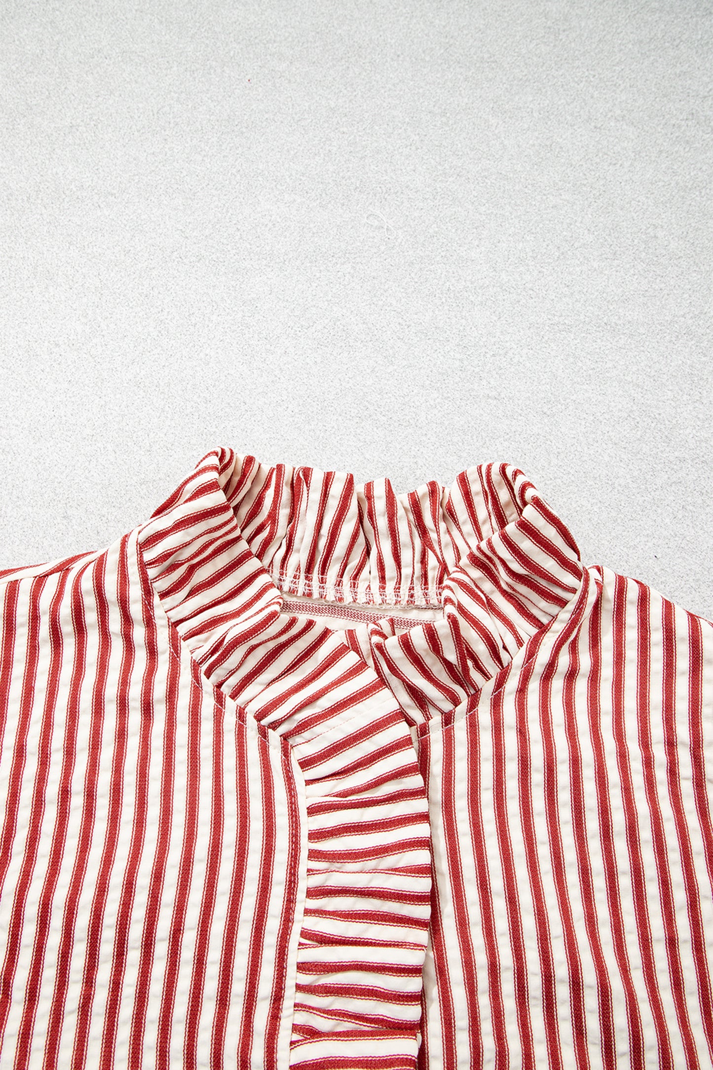 Red Stripe Textured Ruffle Trim Button-Up Long Sleeve Shirt-Tops/Blouses & Shirts-[Adult]-[Female]-2022 Online Blue Zone Planet