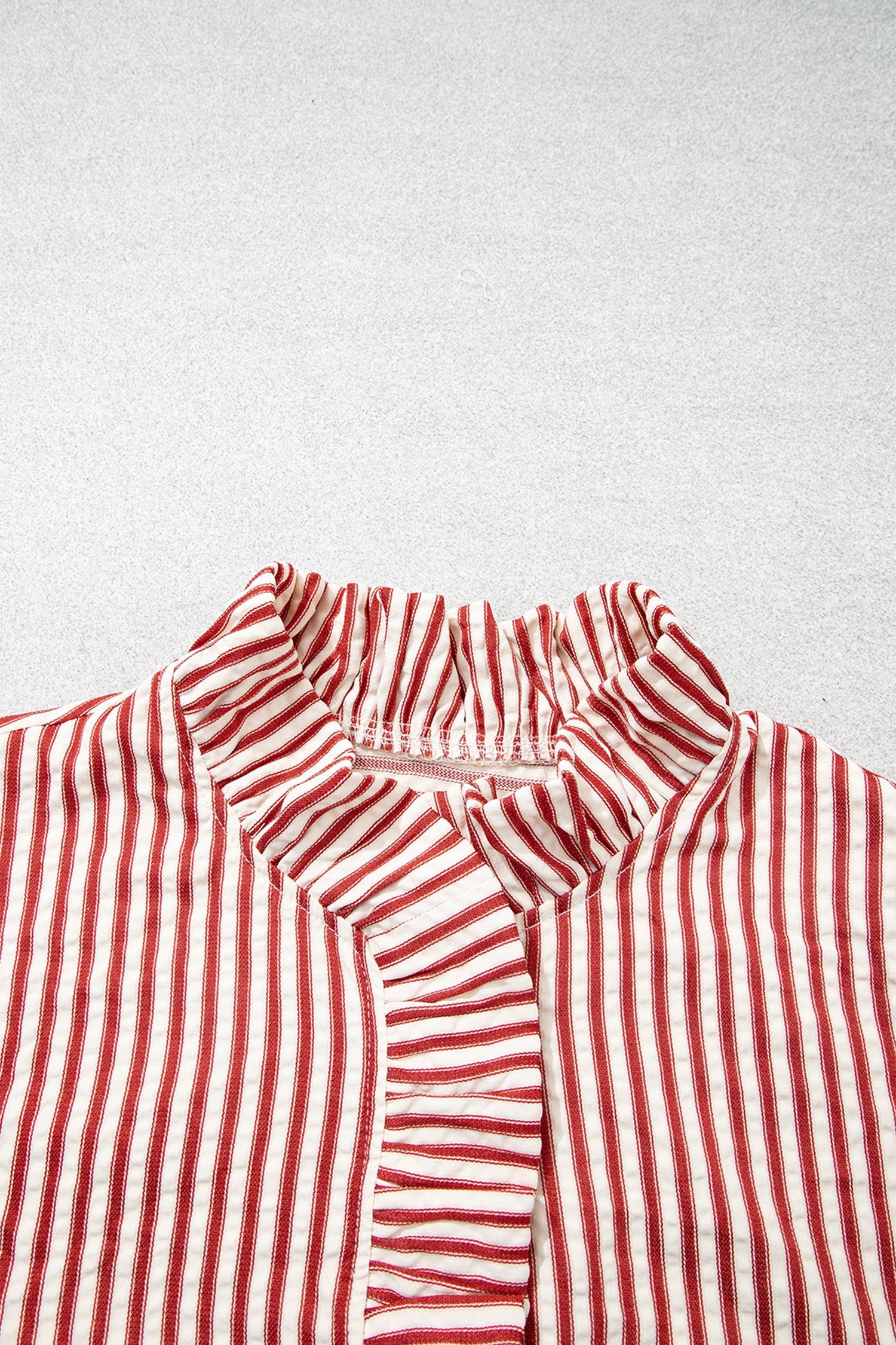 Red Stripe Textured Ruffle Trim Button-Up Long Sleeve Shirt-Tops/Blouses & Shirts-[Adult]-[Female]-2022 Online Blue Zone Planet