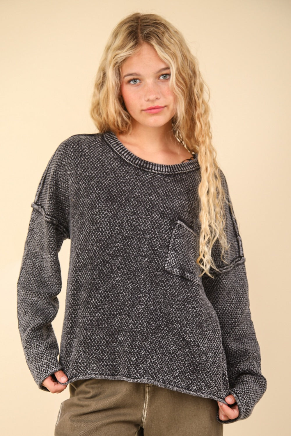 VERY J Mineral Washed Exposed Seam Sweater-TOPS / DRESSES-[Adult]-[Female]-Black-S-2022 Online Blue Zone Planet