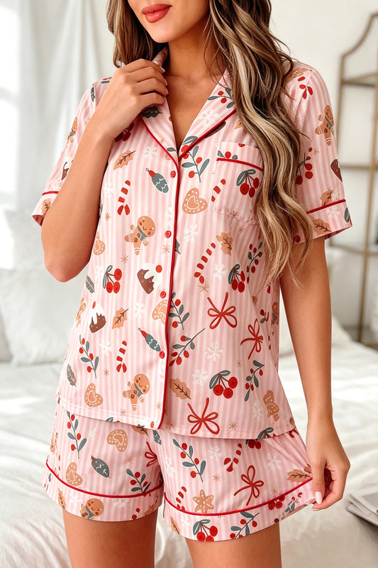 Pink Abstract Christmas Print Short Sleeve Two Piece Lounge Set-Loungewear & Sleepwear/Loungewear-[Adult]-[Female]-Pink-S-2022 Online Blue Zone Planet