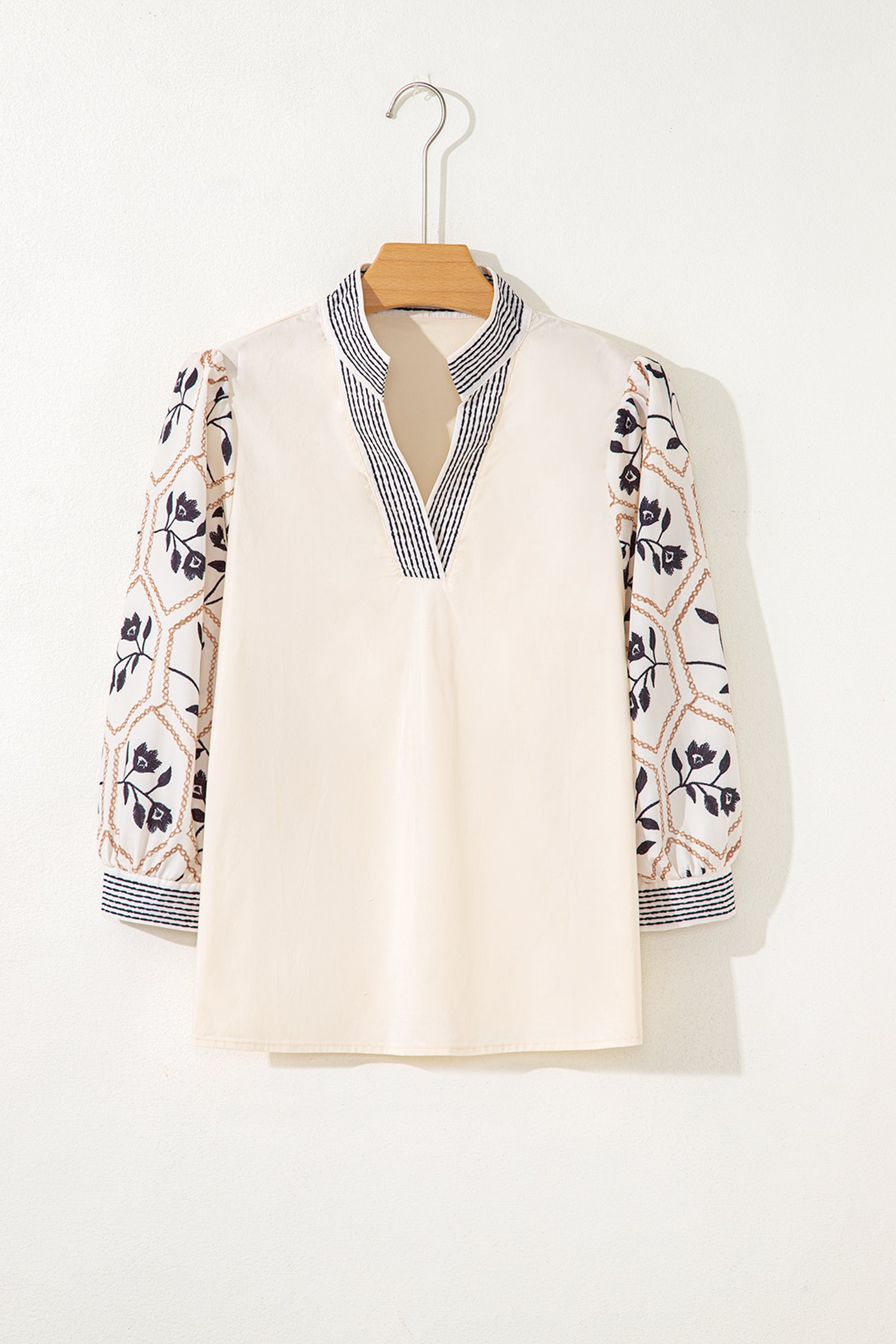 White Floral Puff Sleeve Contrast V Neck Patchwork Blouse-Tops/Blouses & Shirts-[Adult]-[Female]-2022 Online Blue Zone Planet