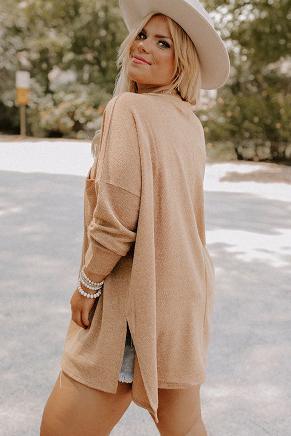 Parchment Plus Size Drop Shoulder Knit Tunic Top-Plus Size/Plus Size Tops/Plus Size Long Sleeve Tops-[Adult]-[Female]-2022 Online Blue Zone Planet