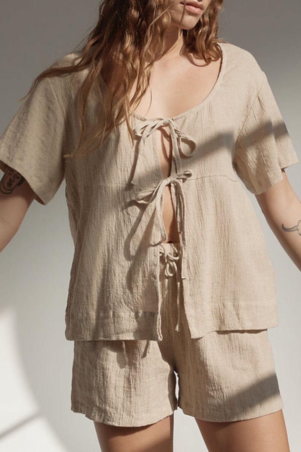 Plaid Tied Scoop Neck Short Sleeve Top and Drawstring Shorts Set-TOPS / DRESSES-[Adult]-[Female]-2022 Online Blue Zone Planet