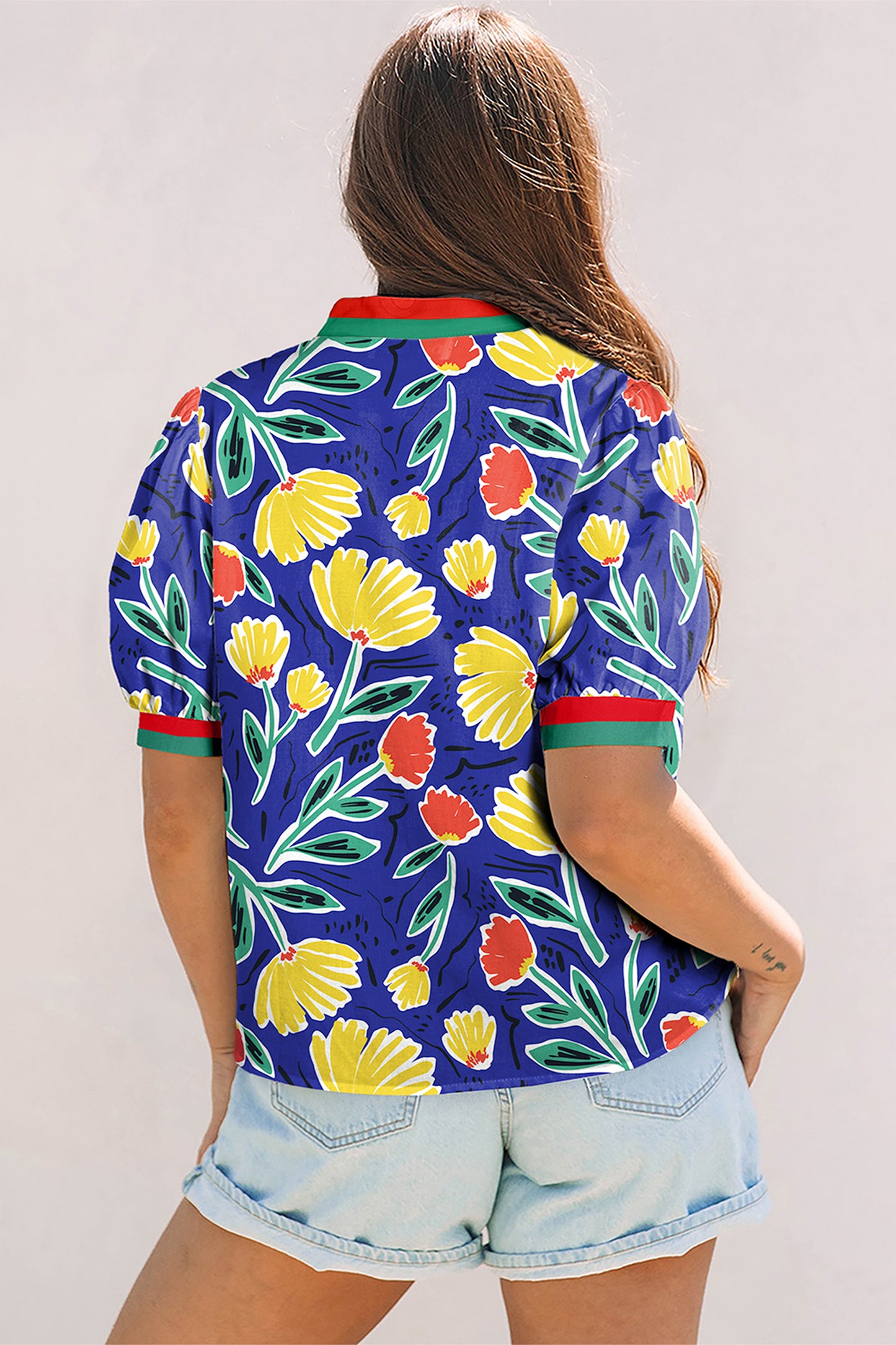 Blue Wild Floral Printed Contrast Striped Patchwork V Neck Short Sleeve Blouse-Tops/Blouses & Shirts-[Adult]-[Female]-2022 Online Blue Zone Planet