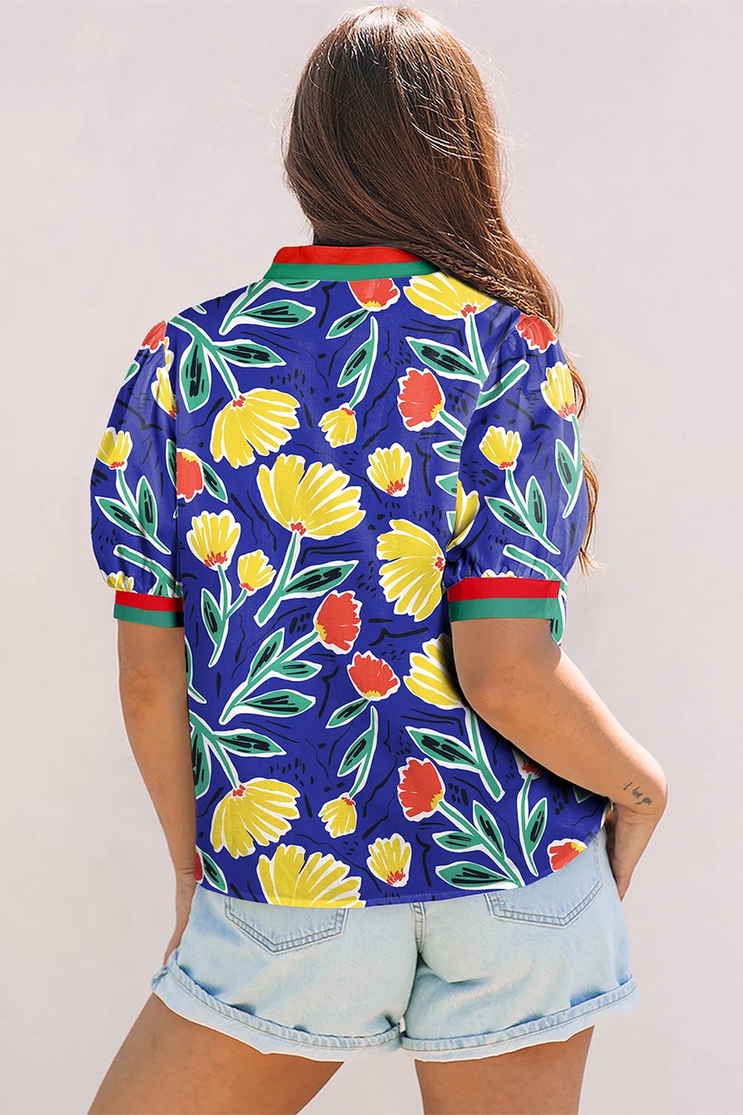 Blue Wild Floral Printed Contrast Striped Patchwork V Neck Short Sleeve Blouse-Tops/Blouses & Shirts-[Adult]-[Female]-2022 Online Blue Zone Planet