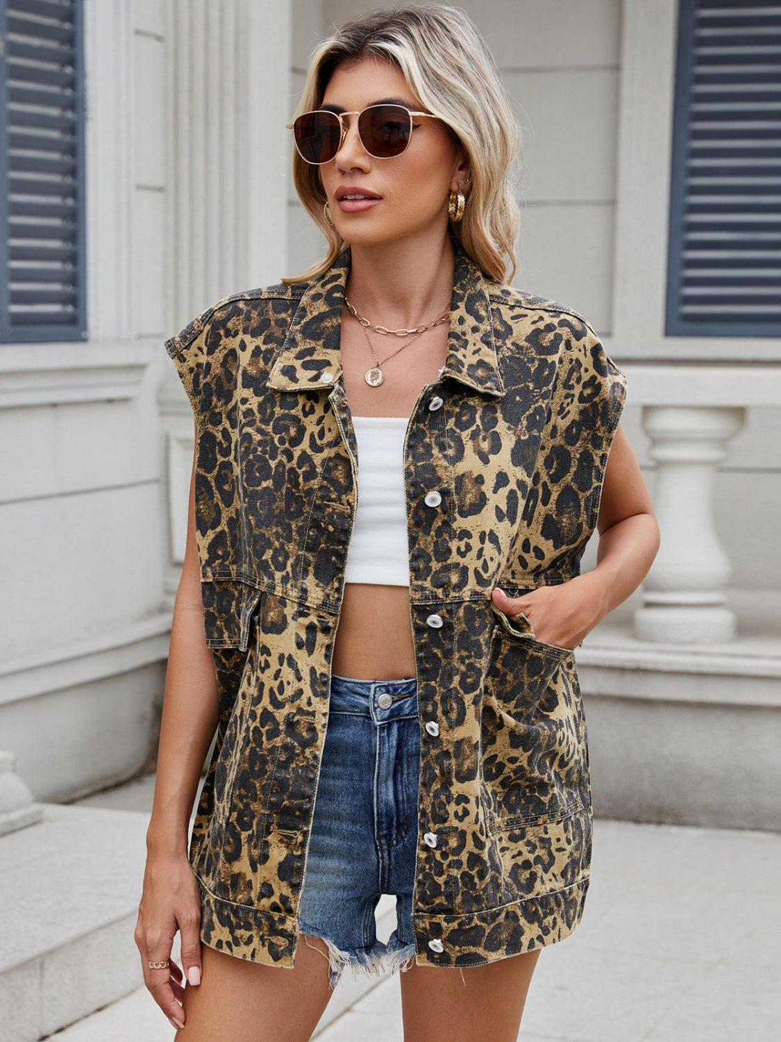 Leopard Buttton Up Denim Vest-TOPS / DRESSES-[Adult]-[Female]-2022 Online Blue Zone Planet