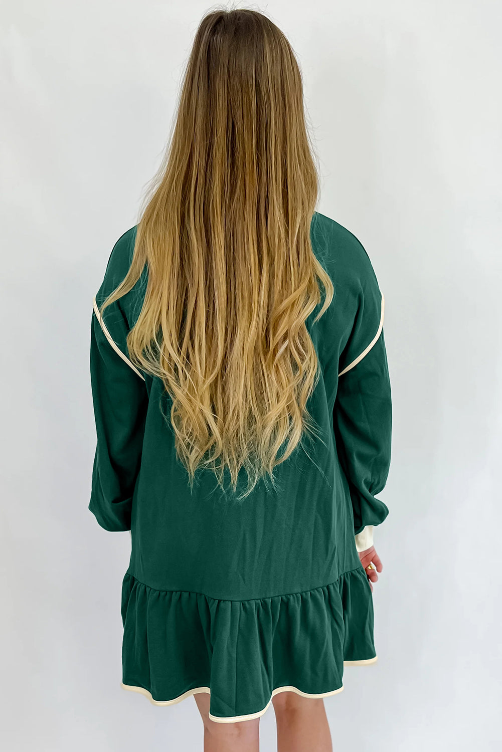 Evergreen Contrast Trim Zip Collar Long Sleeve Ruffle Hem Mini Dress Evergreen / M / 65%Polyester+35%Cotton by Blue Zone Planet Evergreen Contrast Trim Zip Collar Long Sleeve Ruffle Hem Mini Dress Evergreen / M / 65%Polyester+35%Cotton by Blue Zone Planet