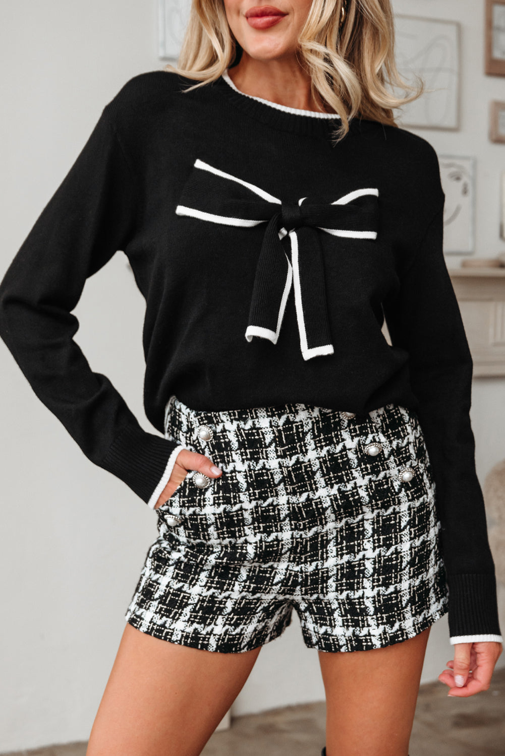 Black Contrast Trim Big Bow Accent Holiday Cropped Sweater-TOPS / DRESSES-[Adult]-[Female]-2022 Online Blue Zone Planet