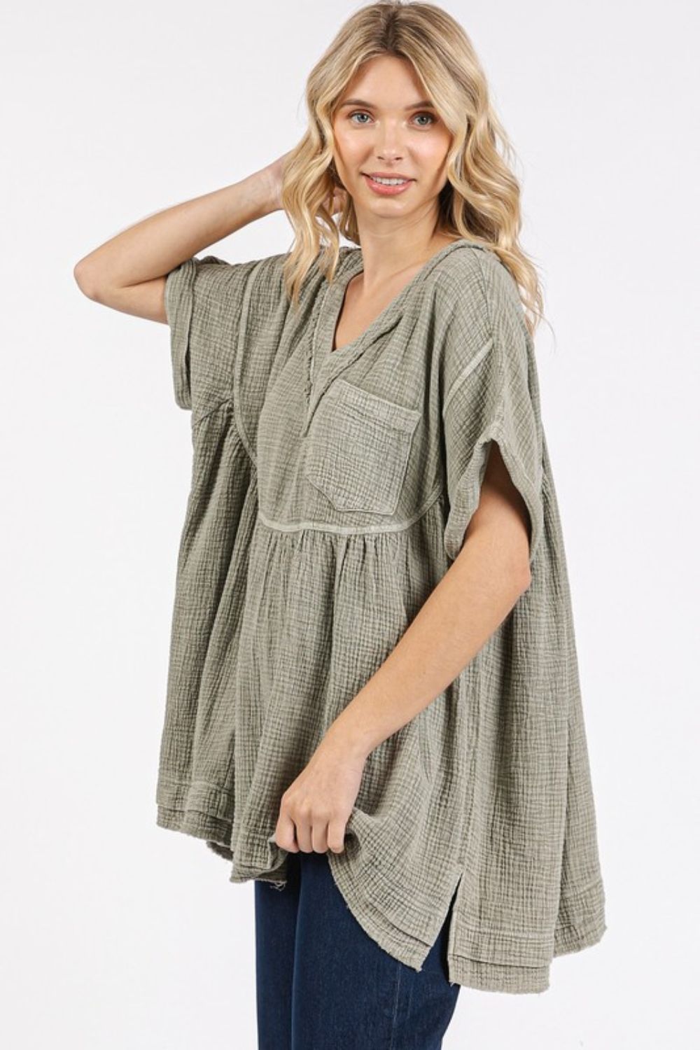 Mittoshop Mineral Wash Gauze Babydoll V-Neck Oversized Blouse-TOPS / DRESSES-[Adult]-[Female]-2022 Online Blue Zone Planet