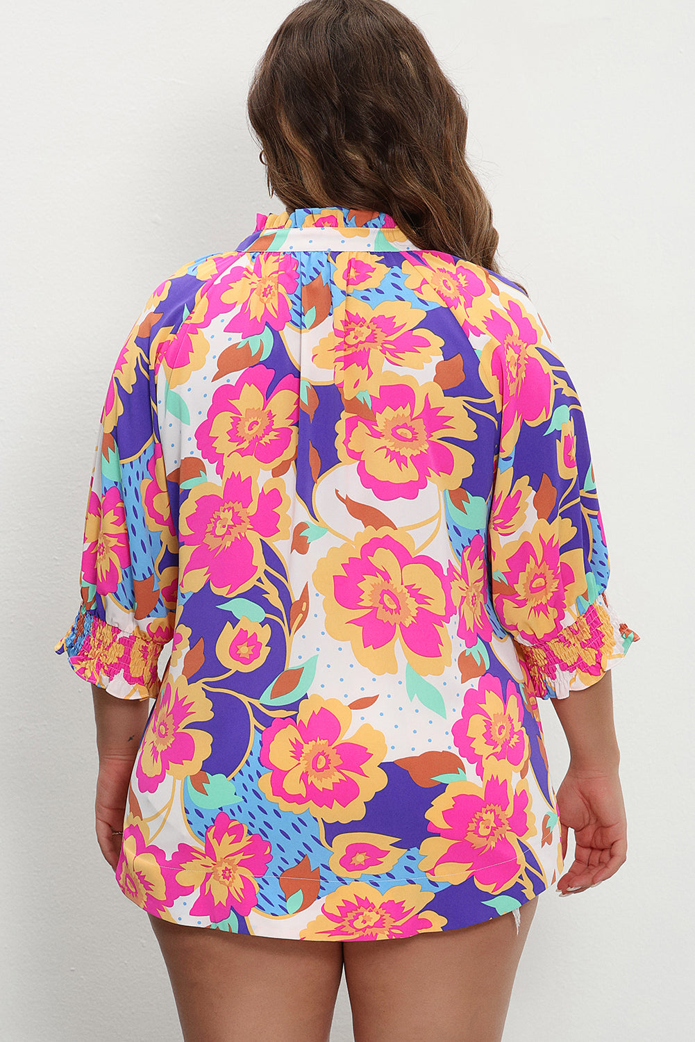 Rose Red Floral Print Split Neck Short Puff Sleeve Plus Blouse-Plus Size/Plus Size Tops/Plus Size Blouses & Shirts-[Adult]-[Female]-2022 Online Blue Zone Planet