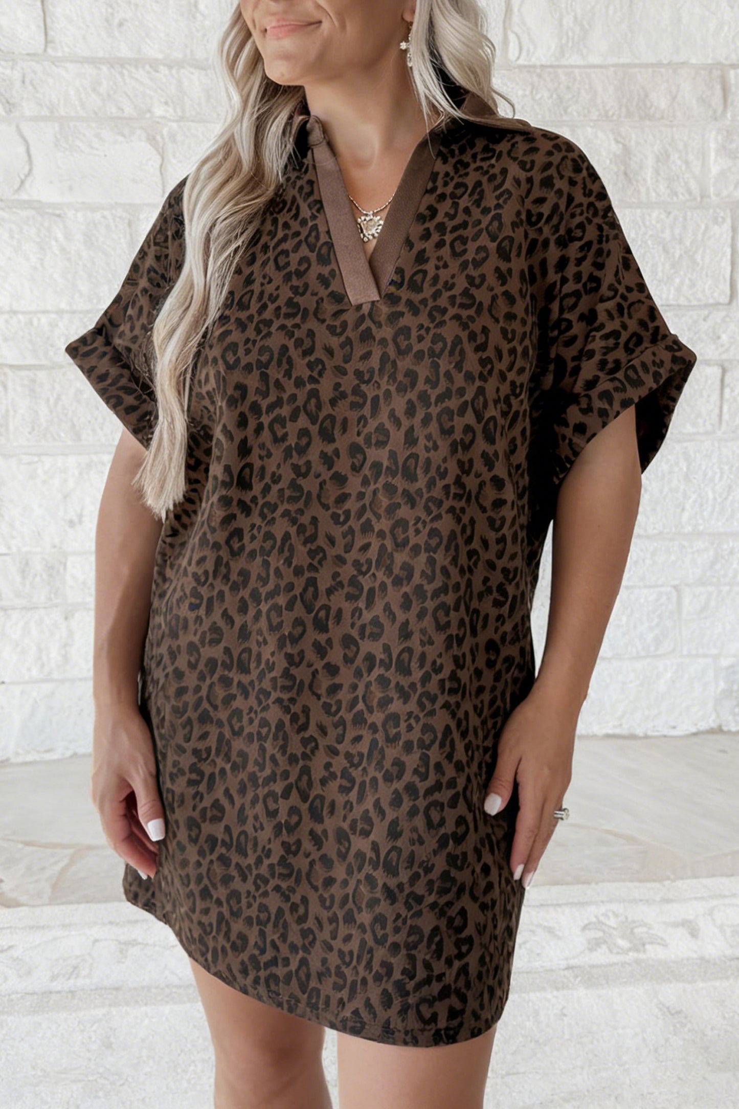 Brown Leopard Print Contrast Collar V-Neck Mini Dress-Dresses/Mini Dresses-[Adult]-[Female]-Brown-S-2022 Online Blue Zone Planet
