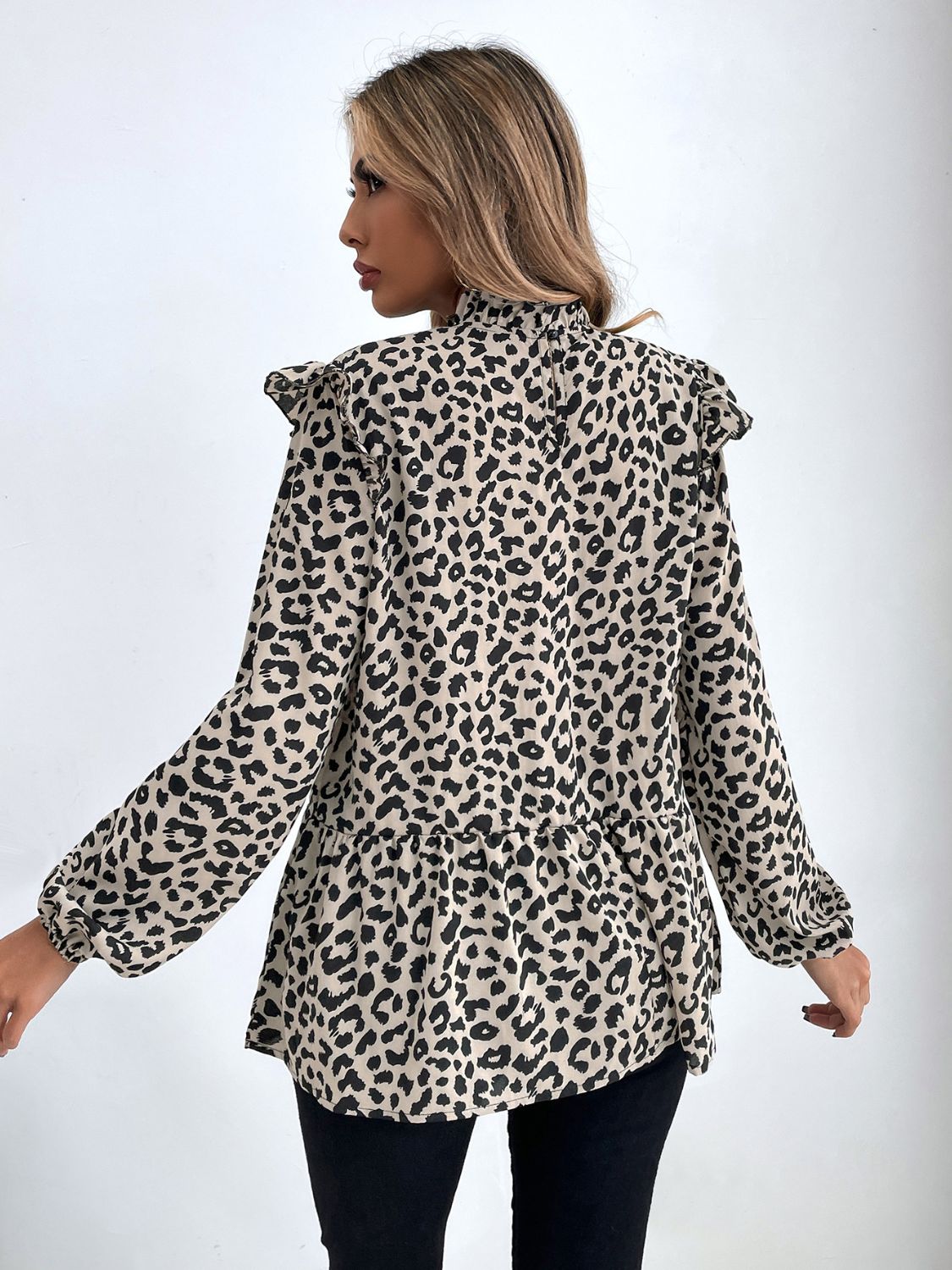 Ruffled Leopard Mock Neck Long Sleeve Blouse-TOPS / DRESSES-[Adult]-[Female]-2022 Online Blue Zone Planet