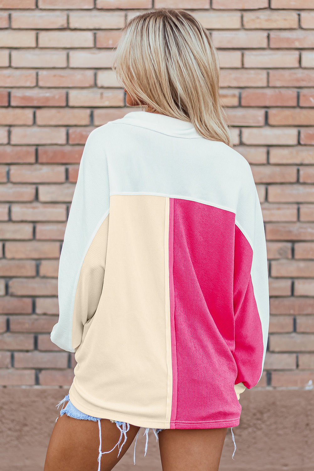 Pink Colorblock Ribbed Collared Oversized Sweatshirt-Tops/Sweatshirts & Hoodies-[Adult]-[Female]-2022 Online Blue Zone Planet