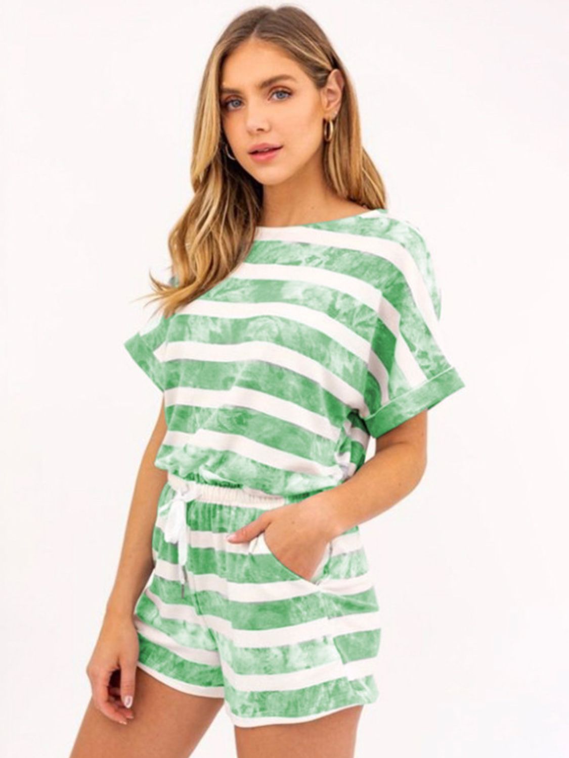 Blue Zone Planet | Striped Round Neck Top and Shorts Set-TOPS / DRESSES-[Adult]-[Female]-Green-S-2022 Online Blue Zone Planet