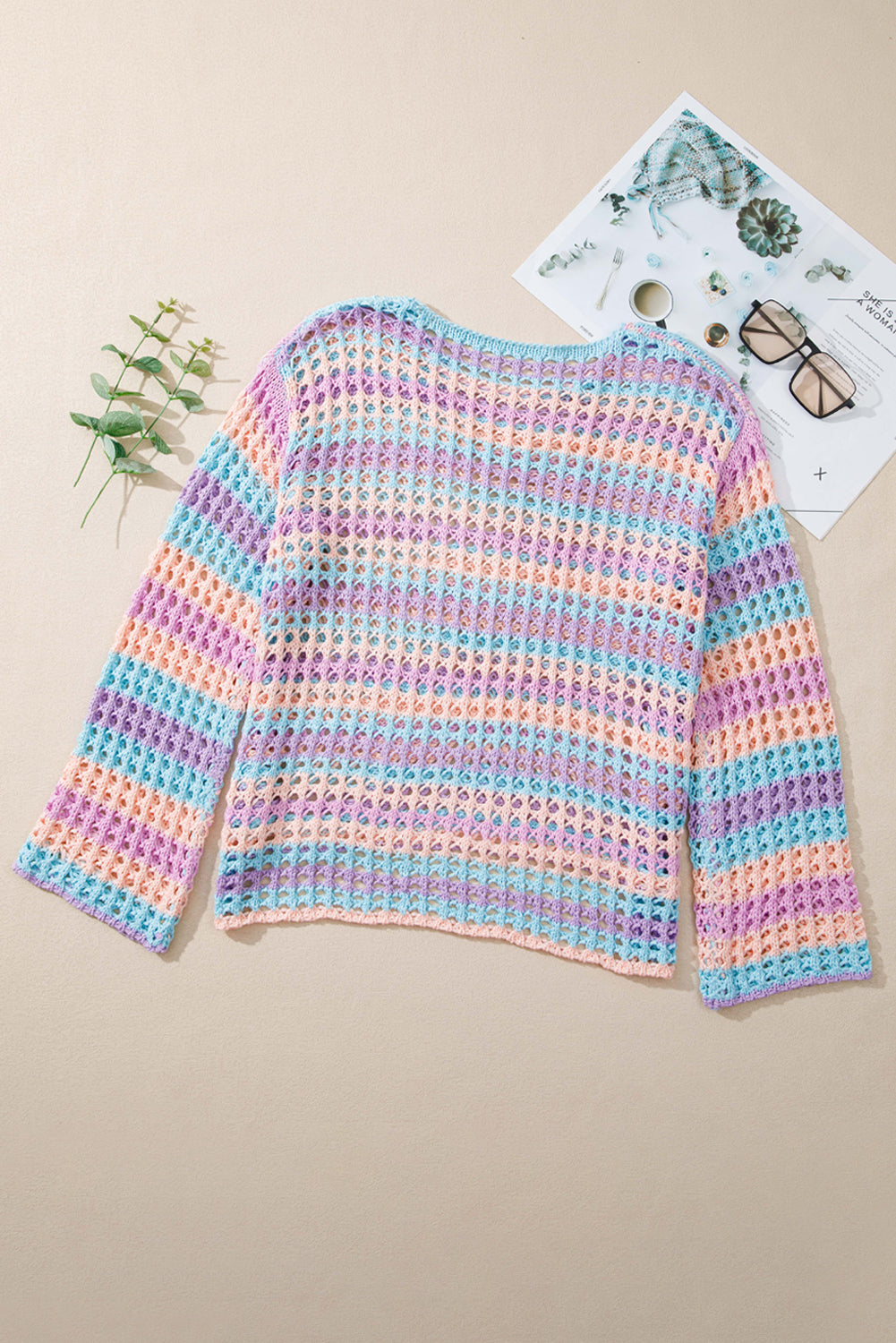 Purple Striped Hollow Knit Summer Beach Cover Up-Cover-ups-[Adult]-[Female]-2022 Online Blue Zone Planet