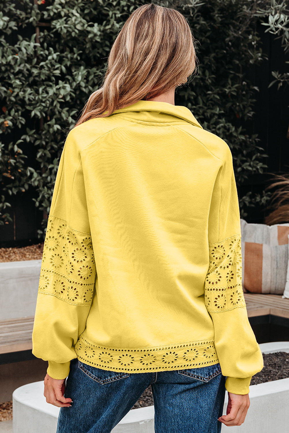 Yellow Cream Embroidered Flower Patchwork Snap Buttons Pullover Sweatshirt-Tops/Sweatshirts & Hoodies-[Adult]-[Female]-2022 Online Blue Zone Planet