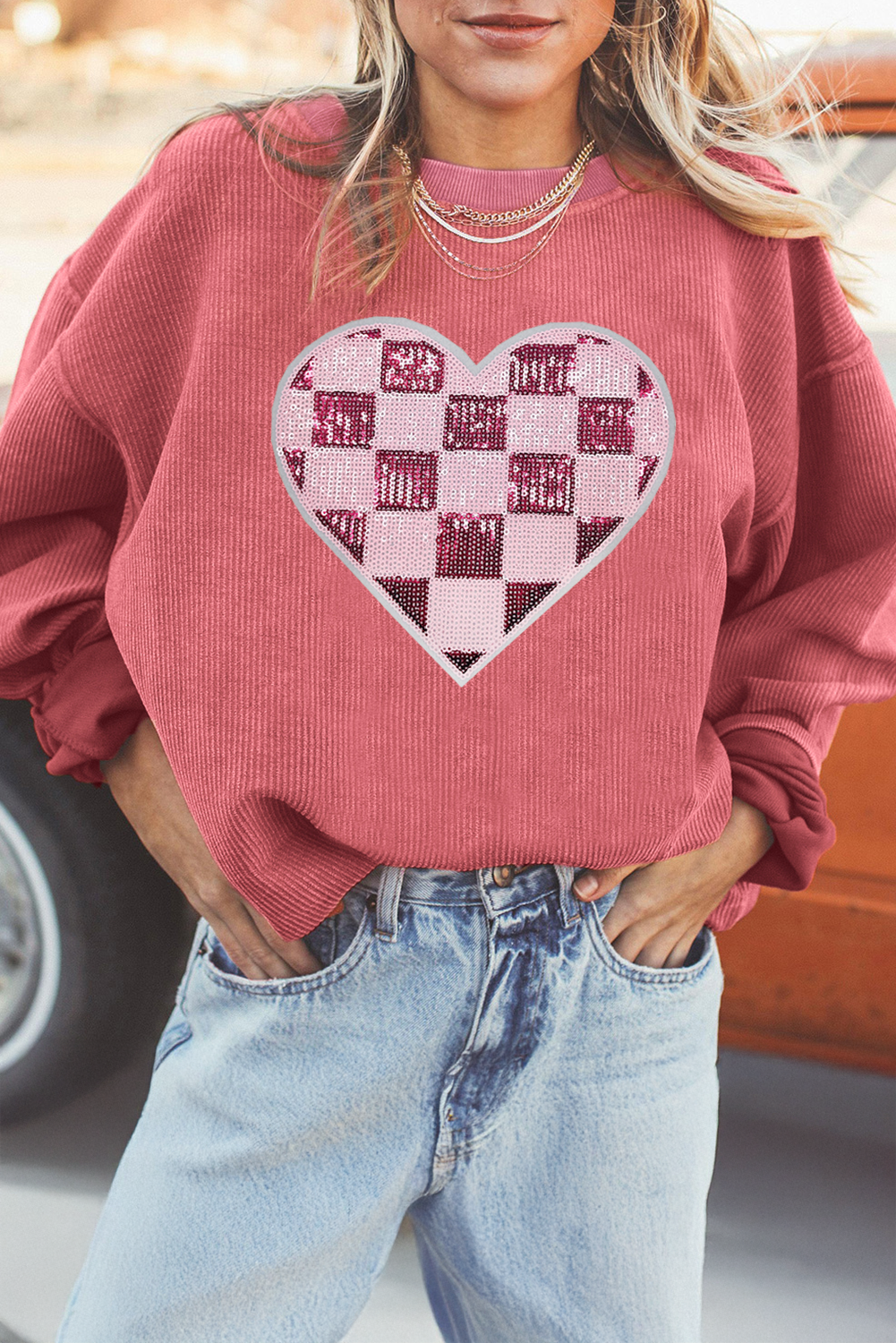 Strawberry Pink Checkered Heart Graphic Ribbed Valentines Sweatshirt-Graphic Sweatshirts-[Adult]-[Female]-Strawberry Pink-S-2022 Online Blue Zone Planet