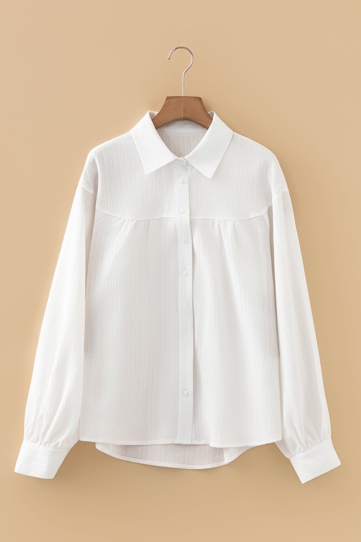 White Crinkled Texture Lantern Sleeve Button Down Loose Shirt-Tops/Blouses & Shirts-[Adult]-[Female]-2022 Online Blue Zone Planet