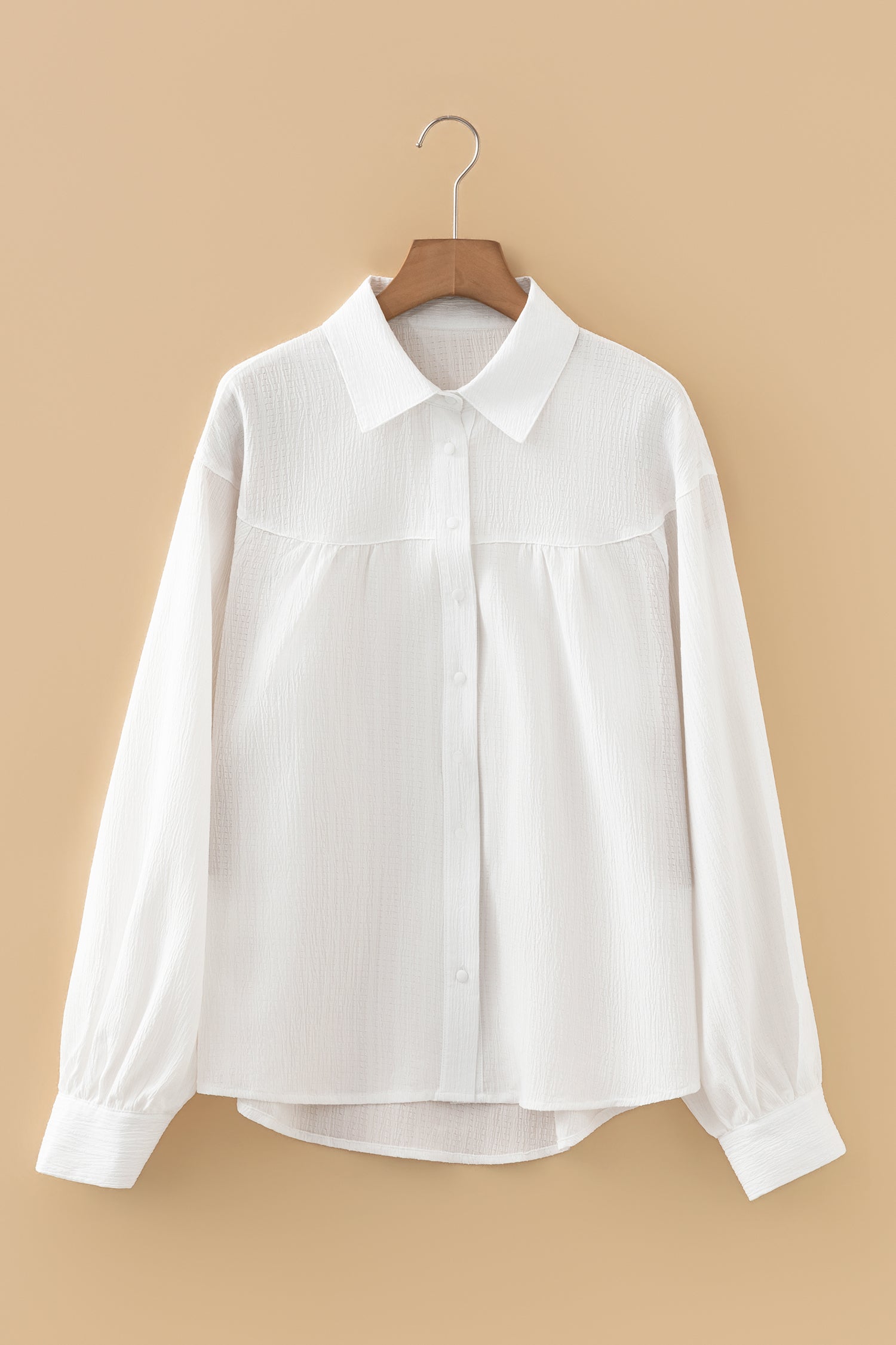 White Crinkled Texture Lantern Sleeve Button Down Loose Shirt-Tops/Blouses & Shirts-[Adult]-[Female]-2022 Online Blue Zone Planet