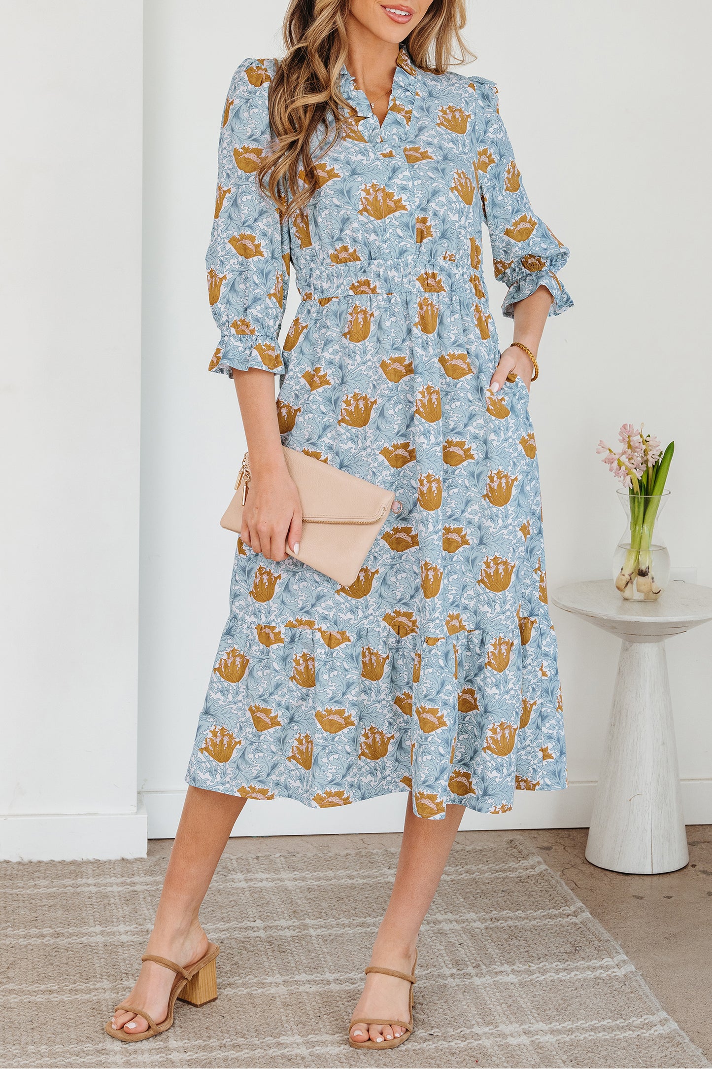 Brown Floral Printed Frilled V Neck Bracelet Sleeve Long Dress-Bracelet-[Adult]-[Female]-2022 Online Blue Zone Planet
