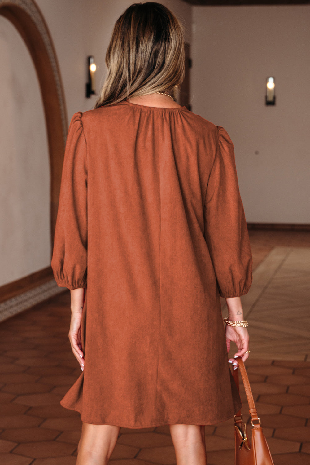 Cinnamon Bracelet Sleeve Split Neck Scallop Detail Pleated Corduroy Mini Dress-Bracelet-[Adult]-[Female]-2022 Online Blue Zone Planet