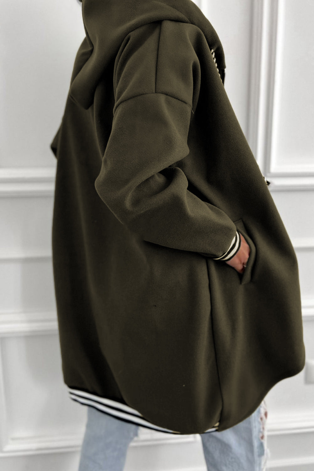 Four Leaf Clover Contrast Cuffed Drop Shoulder Zip up Tunic Hoodie-Tops/Sweatshirts & Hoodies-[Adult]-[Female]-2022 Online Blue Zone Planet