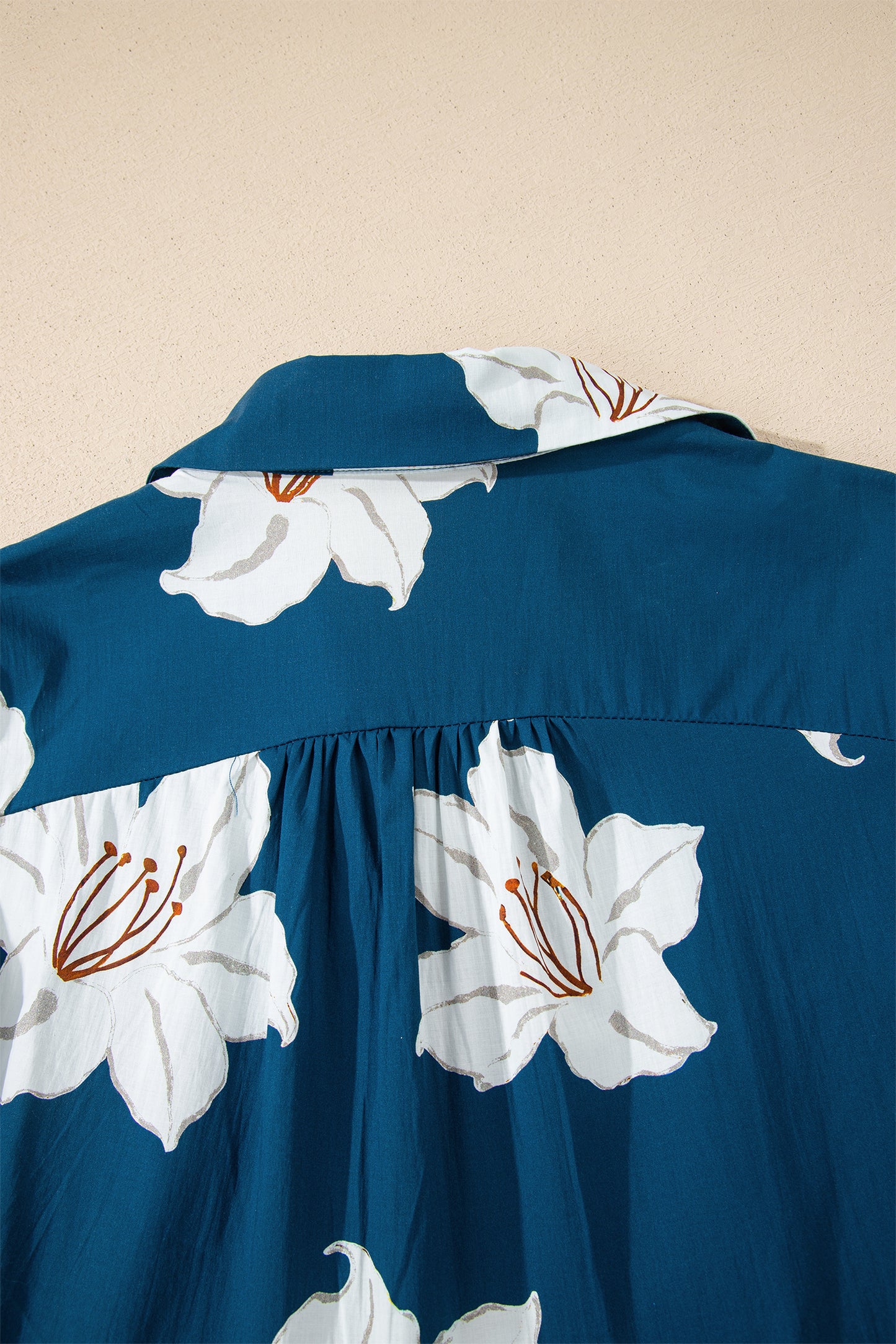 Blue Floral Print Shirt Collar V Neck 3/4 Sleeve Shift Midi Dress-TOPS / DRESSES-[Adult]-[Female]-2022 Online Blue Zone Planet