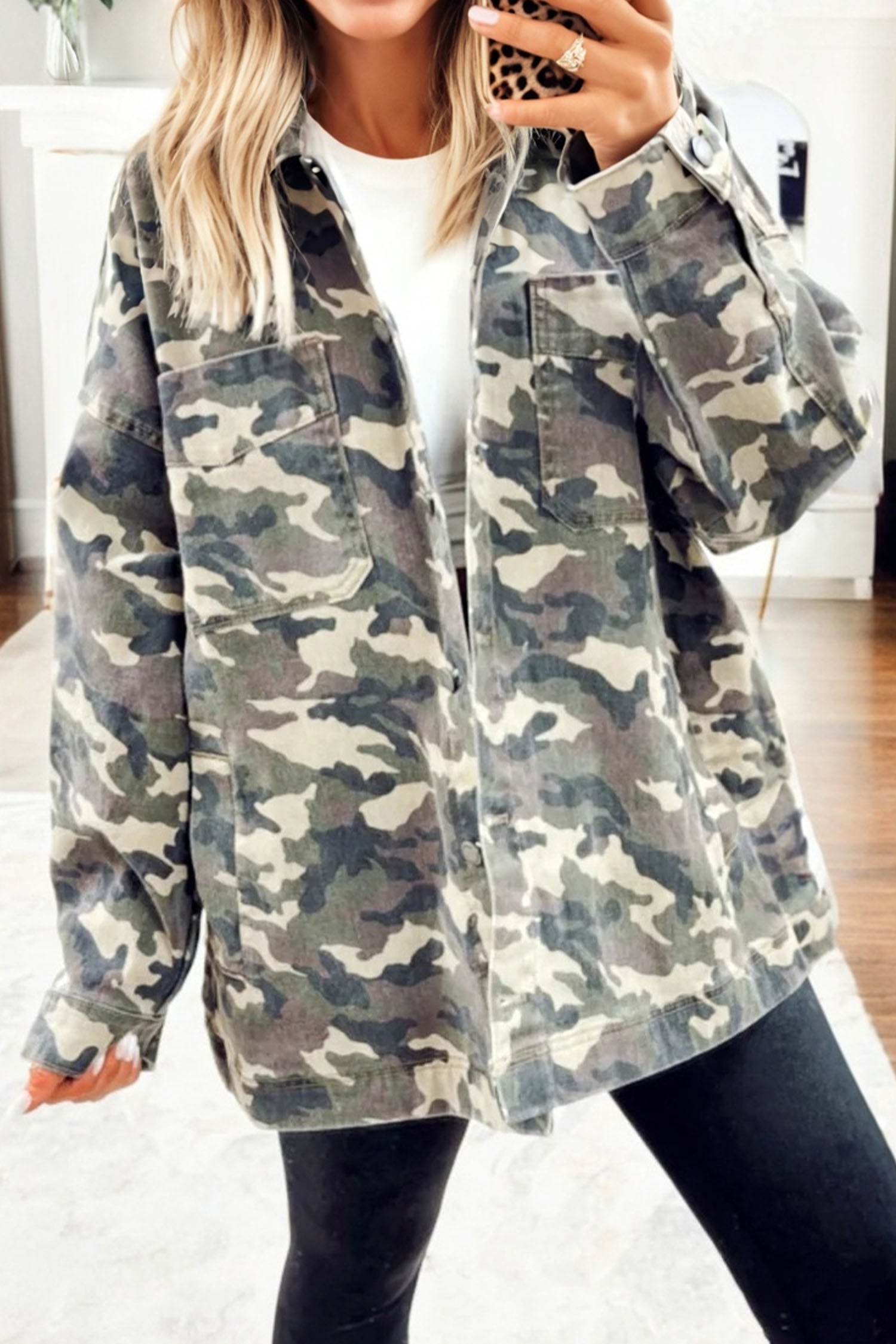 Green Camo Chest Pockets Loose Jean Jacket-TOPS / DRESSES-[Adult]-[Female]-2022 Online Blue Zone Planet
