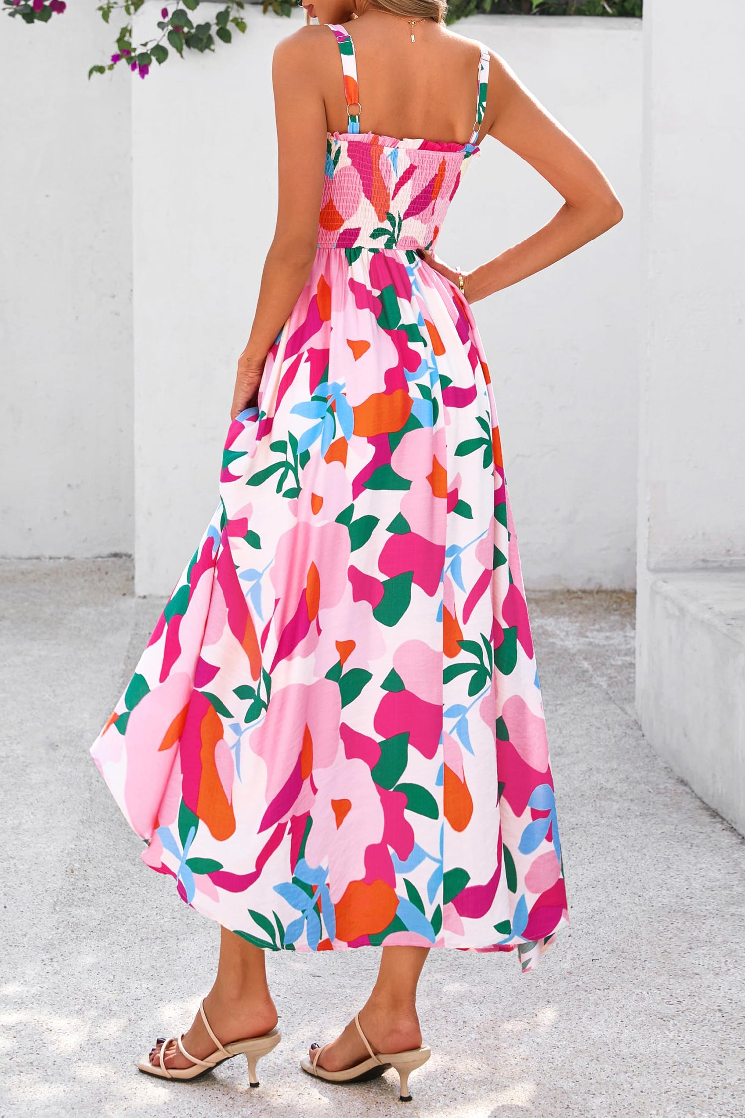 Pink Floral Print Adjustable Straps Smocked High Waist Sundress-Dresses/Floral Dresses-[Adult]-[Female]-2022 Online Blue Zone Planet