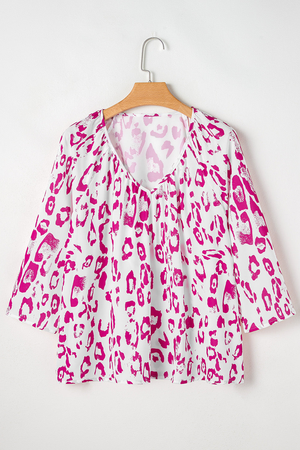 Rose Leopard Print Ruched V Neck 3/4 Sleeve Blouse-Tops/Blouses & Shirts-[Adult]-[Female]-2022 Online Blue Zone Planet