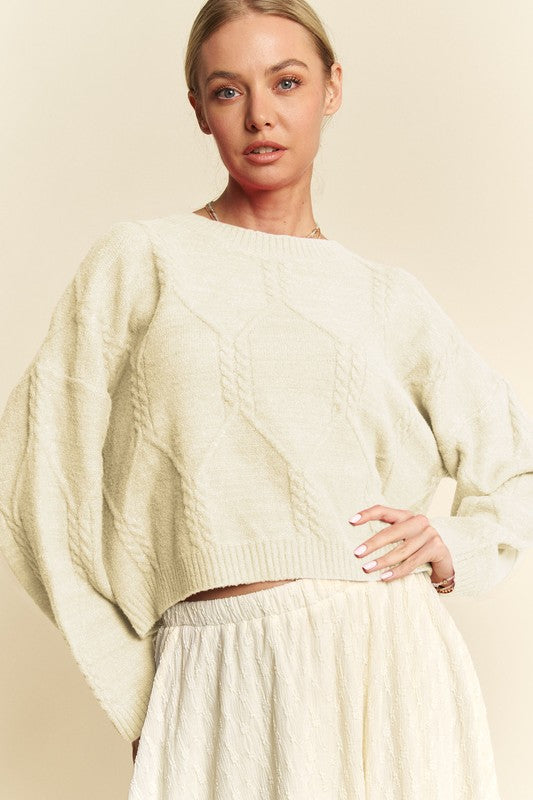 Davi & Dani Diamond Cable Pattern Drop Shoulder Sweater-TOPS / DRESSES-[Adult]-[Female]-Ivory-S-2022 Online Blue Zone Planet