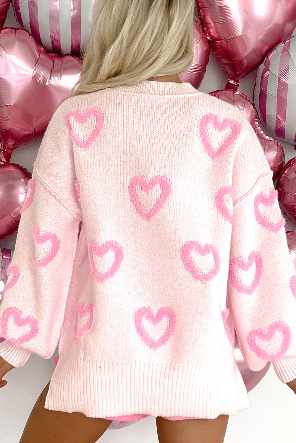 Blue Zone Planet | Pink Heart Shape Bubble Sleeve Baggy Sweater-Sweaters & Cardigans/Sweaters-[Adult]-[Female]-2022 Online Blue Zone Planet