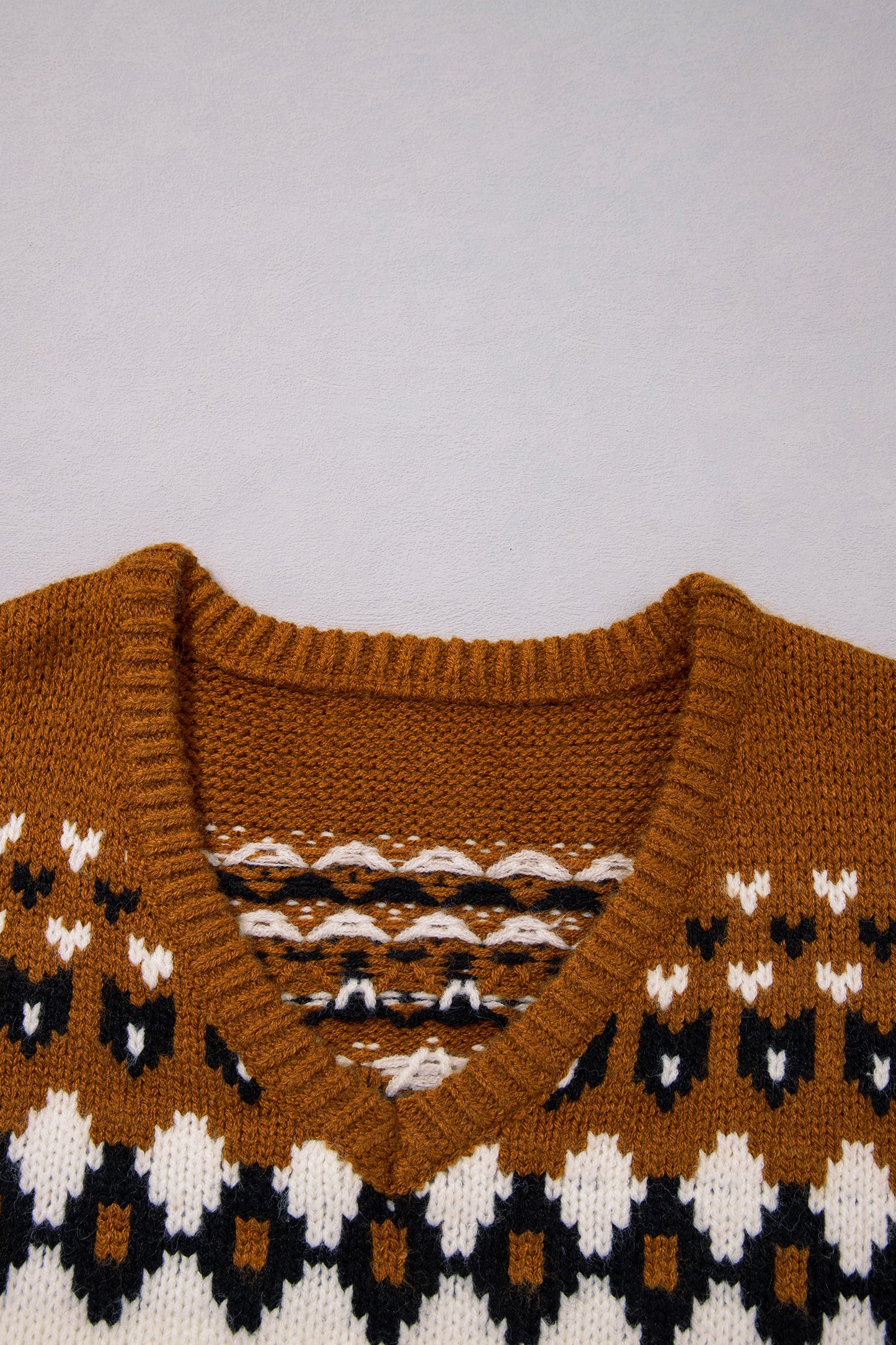 Brown V Neck Short Sleeve Geometric Print Western Style Knit Tee-Sweaters & Cardigans/Short Sleeve Sweaters-[Adult]-[Female]-2022 Online Blue Zone Planet
