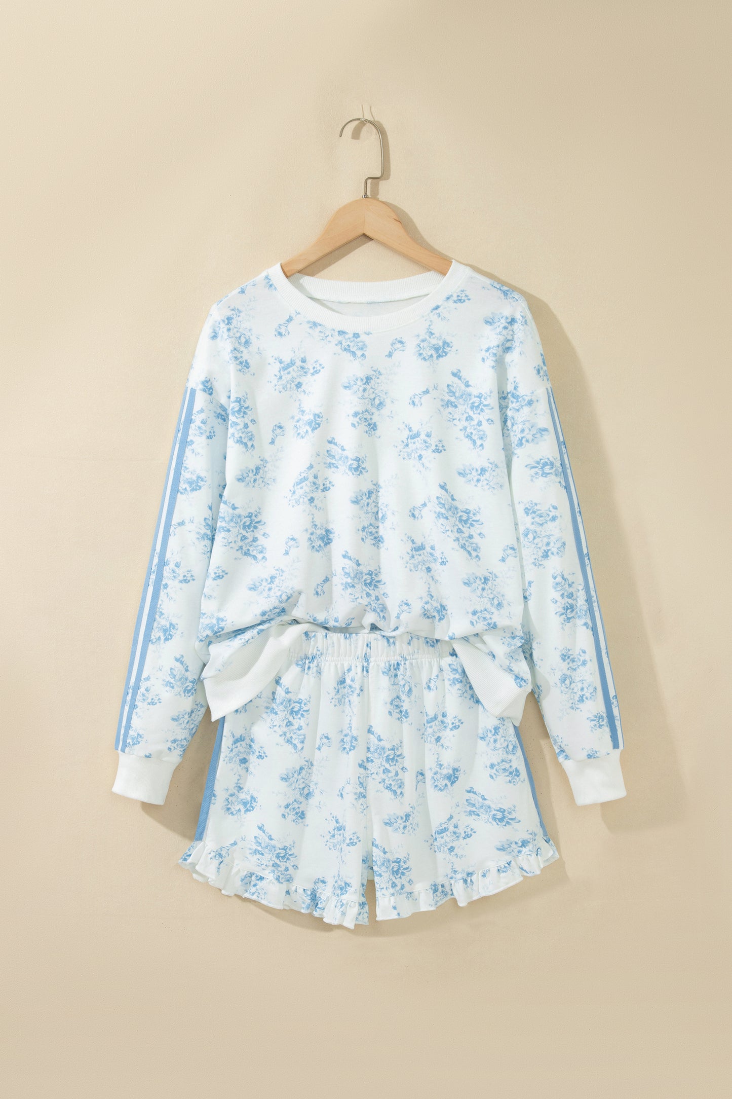 Sky Blue Floral Print Striped Detail Long Sleeve Top Ruffle Hem Shorts 2pcs Set-Two Piece Sets/Short Sets-[Adult]-[Female]-2022 Online Blue Zone Planet