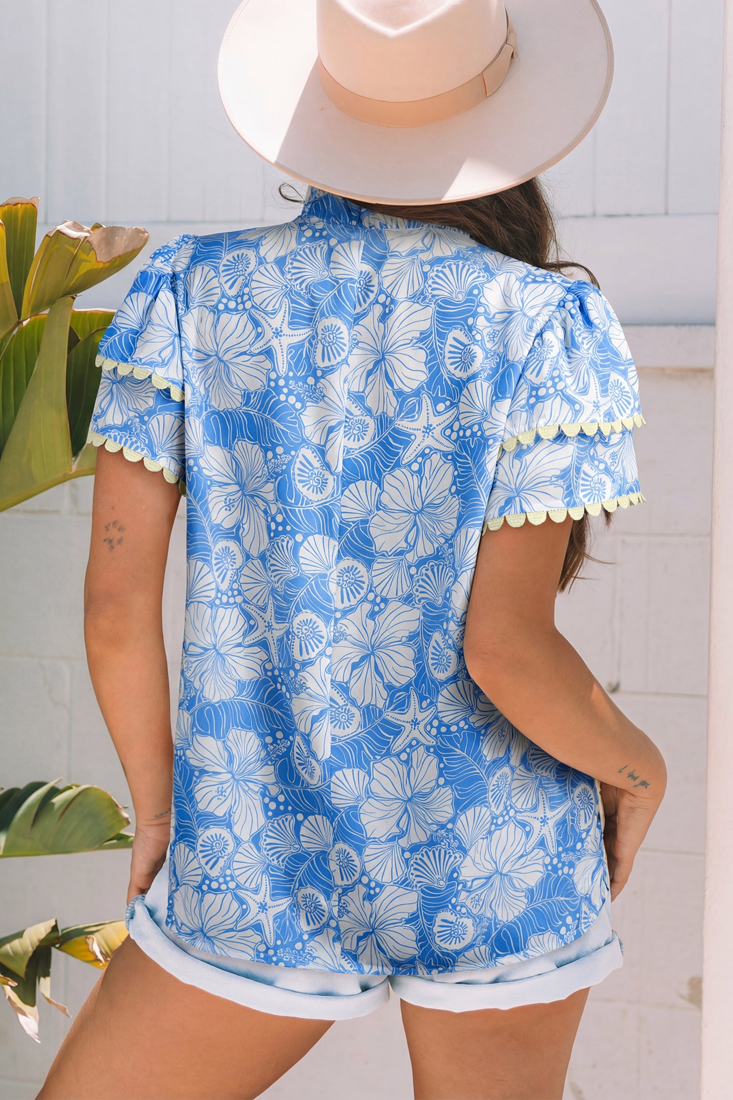 Sky Blue Oceanic Floral Print Scalloped Trim V Neck Short Sleeve Blouse-Tops/Blouses & Shirts-[Adult]-[Female]-2022 Online Blue Zone Planet