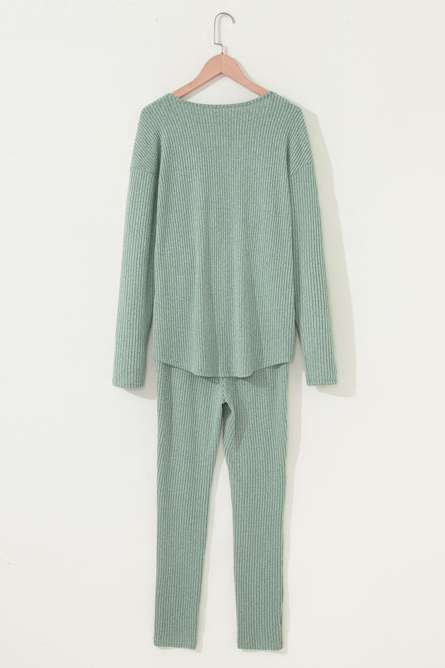 Grass Green Ribbed Notched Neck Knit Long Sleeve Leggings Two Pieces Lounge Set-Loungewear & Sleepwear/Loungewear-[Adult]-[Female]-2022 Online Blue Zone Planet