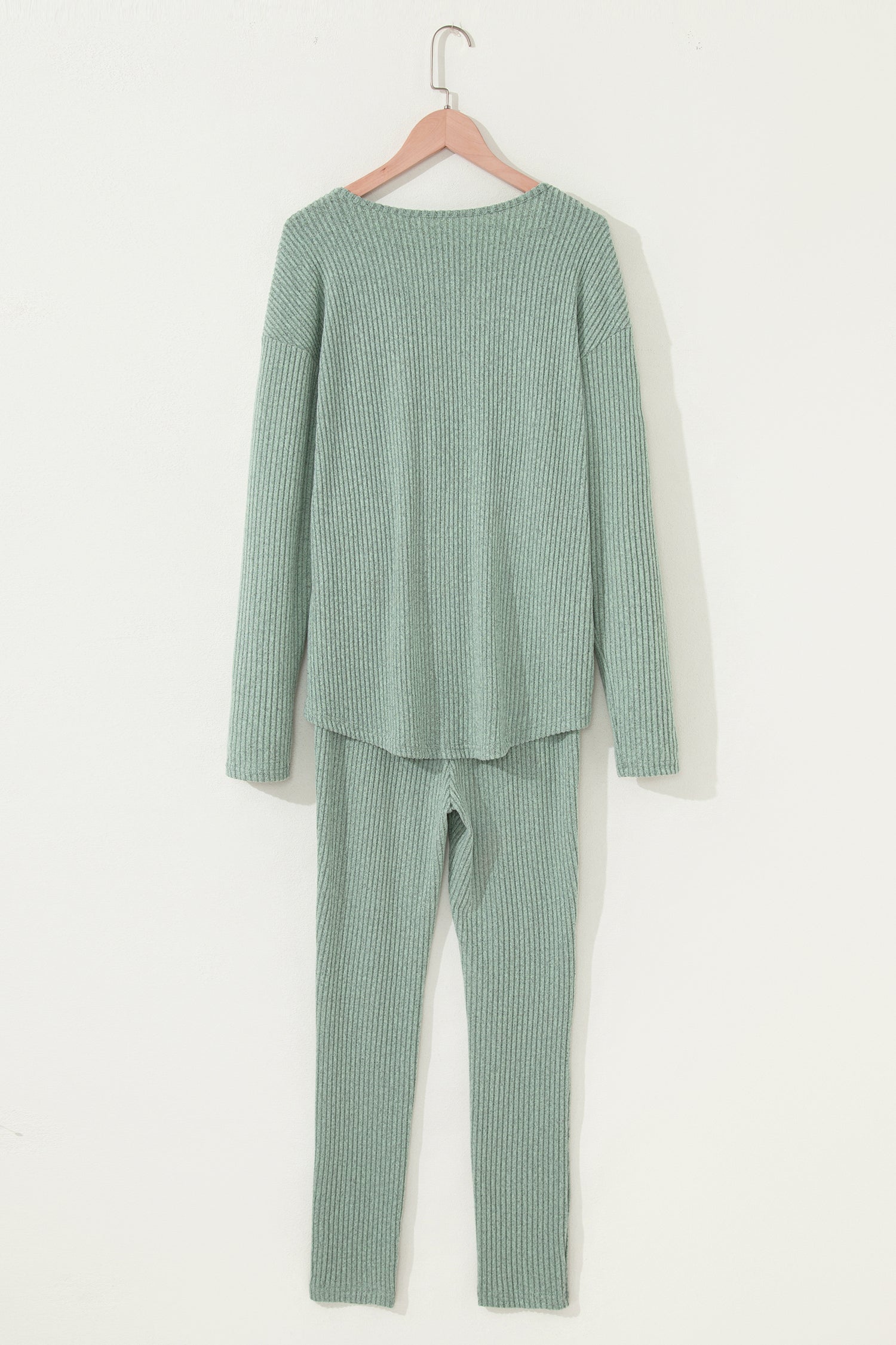 Grass Green Ribbed Notched Neck Knit Long Sleeve Leggings Two Pieces Lounge Set-Loungewear & Sleepwear/Loungewear-[Adult]-[Female]-2022 Online Blue Zone Planet