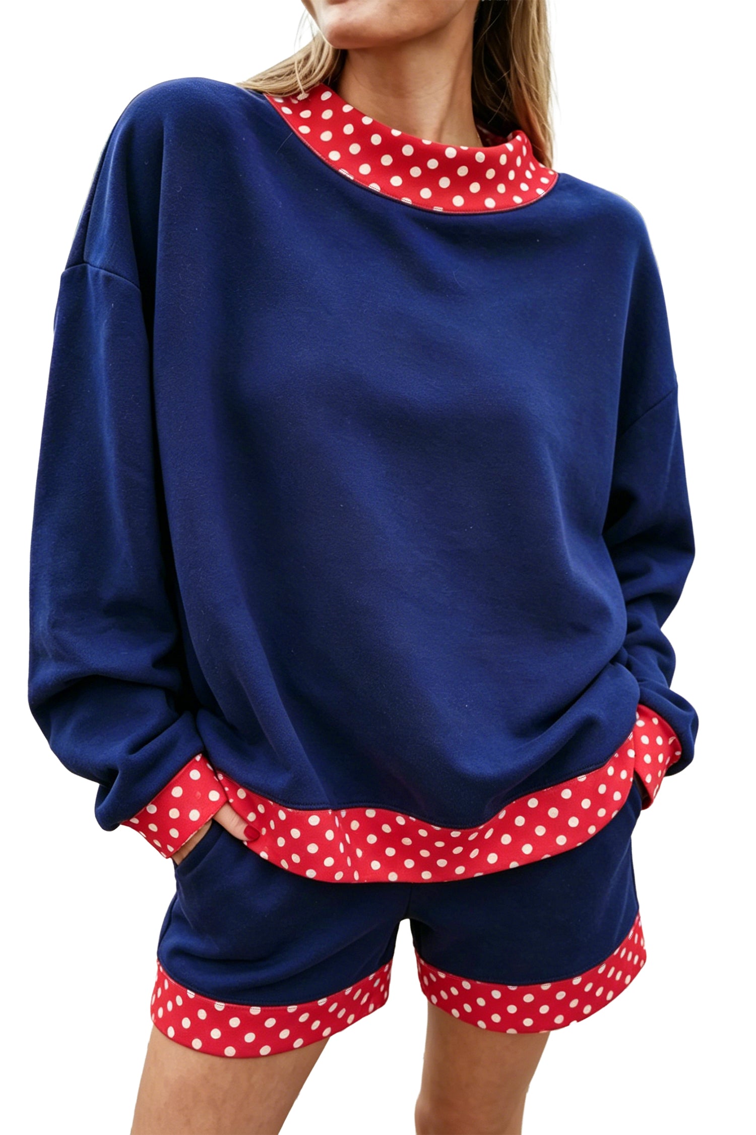 Fiery Red Gingham Trim Baggy Pullover 2pcs Short Set-Two Piece Sets/Short Sets-[Adult]-[Female]-2022 Online Blue Zone Planet