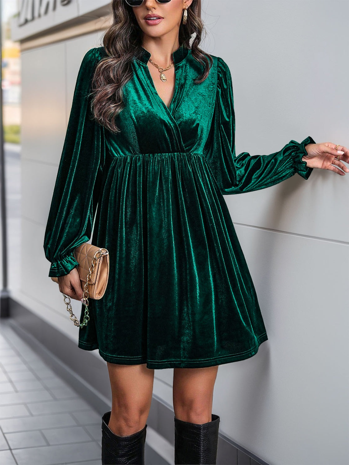 Blue Zone Planet | Ruched Surplice Flounce Sleeve Mini Dress-TOPS / DRESSES-[Adult]-[Female]-Dark Green-S-2022 Online Blue Zone Planet