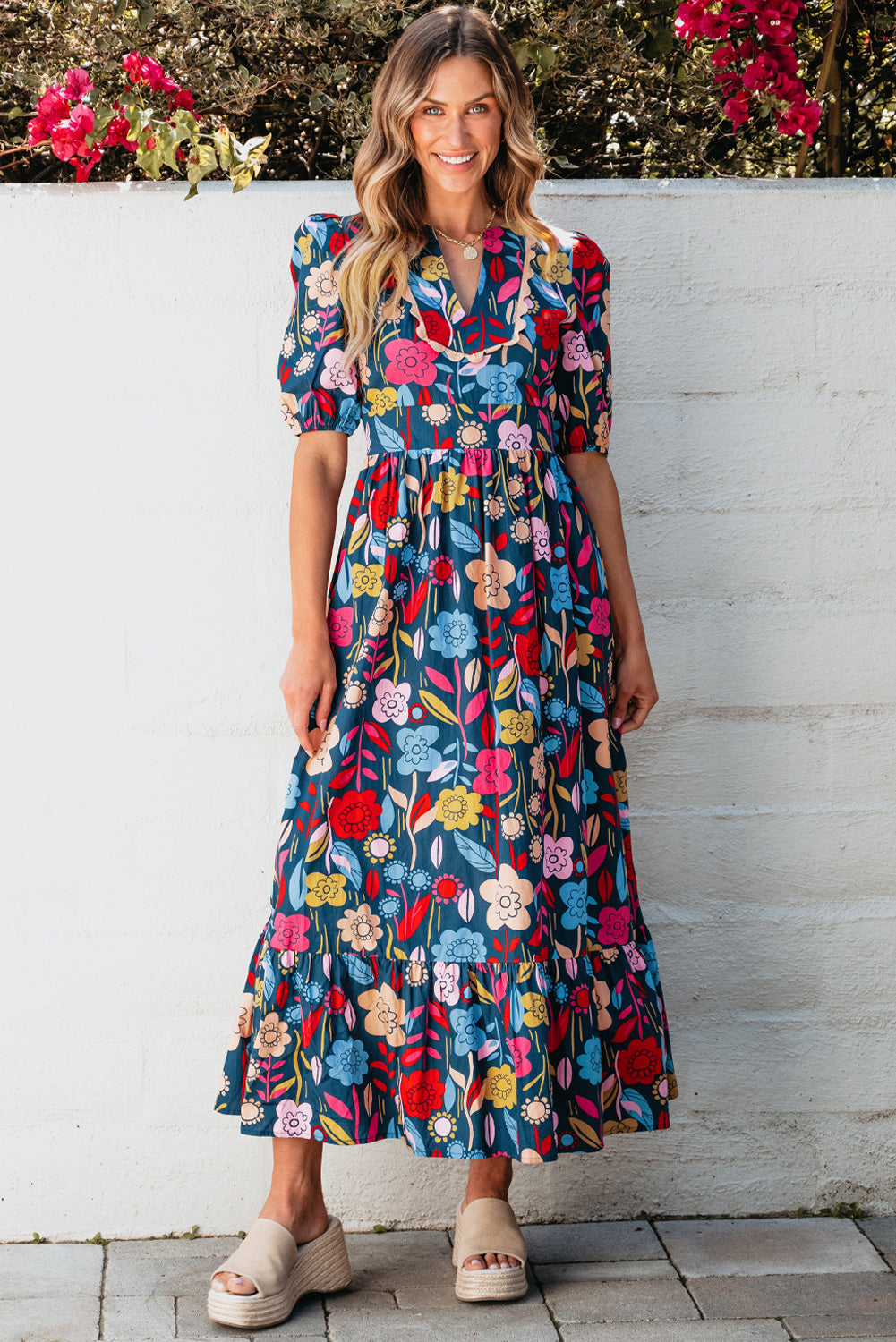 Green Retro Floral Printed Split Neck Maxi Dress Blue Zone Planet