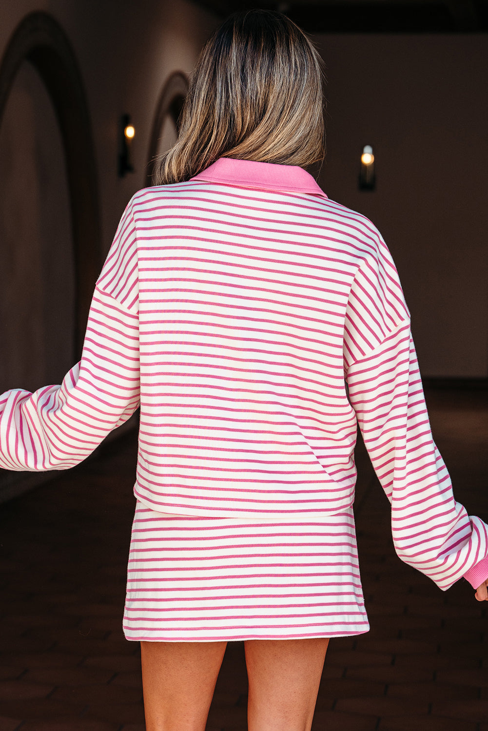Pink Stripe Collared V Neck Drop Shoulder Pullover And Skort 2Pcs Outfit-Two Piece Sets/Two Piece Dresses-[Adult]-[Female]-2022 Online Blue Zone Planet