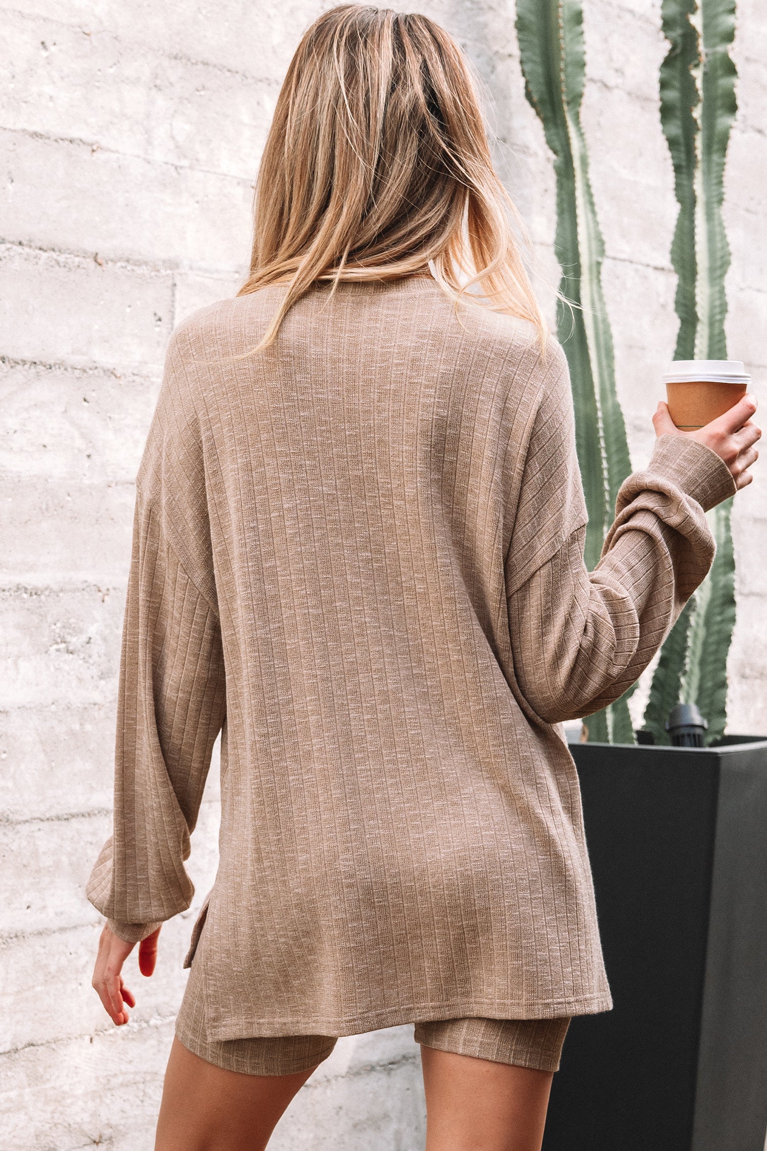 Dark Khaki Ribbed Balloon Sleeve Pullover Top and Biker Knitted Short Set-Two Piece Sets/Short Sets-[Adult]-[Female]-2022 Online Blue Zone Planet