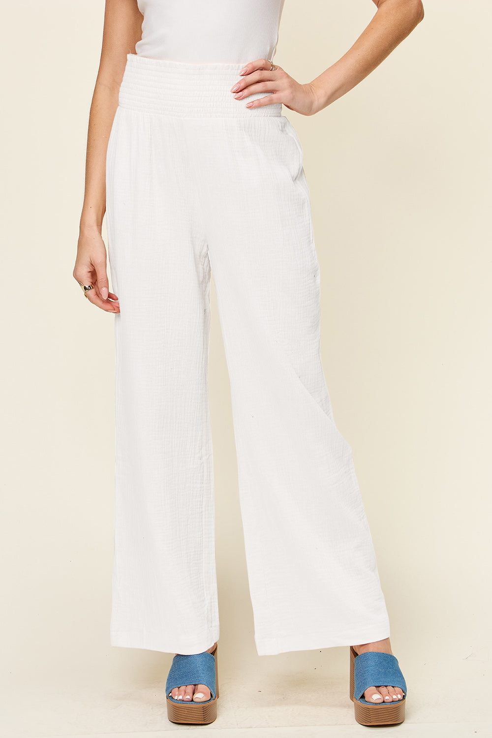 Double Take Full Size Texture Smocked Waist Wide Leg Pants-BOTTOMS SIZES SMALL MEDIUM LARGE-[Adult]-[Female]-White-S-2022 Online Blue Zone Planet